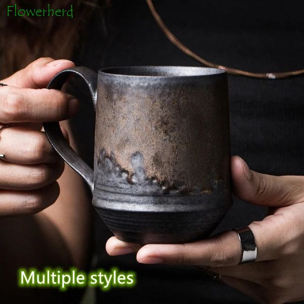Nordic style hanging ear ceramic coffee cup rusted glass copper colored pottery tea cup creative water cup gold-plated couple coffee cup 240