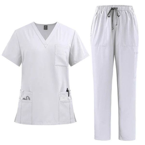 Uniformes brancos Mulheres Scrubs Sets Hospital Tops Pant Nurses AccessSories Clínica Dental Beauty Salon Roupas de roupas de trabalho Terno