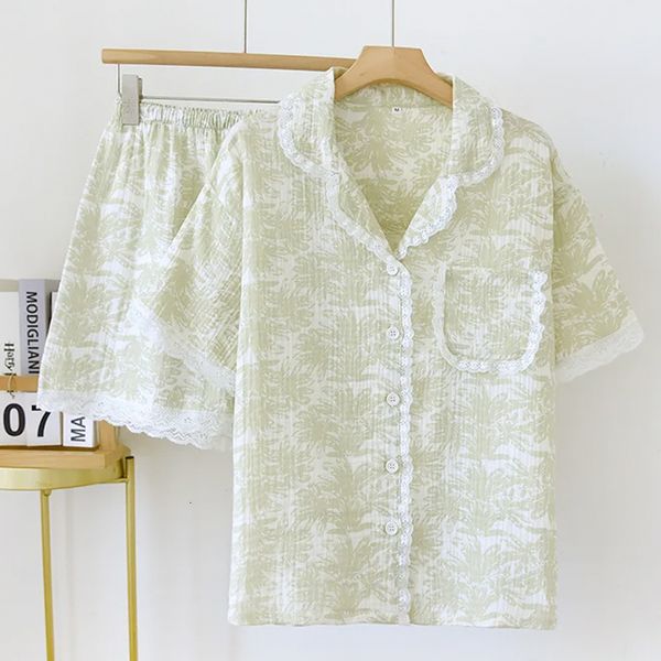 2024 Summer Sweet Printed Lace Cotton Women&#039;s Pamas Cute Loose Lapel Cardigan Home Clothes Female Sleepwear Set Woman 2 Pieces