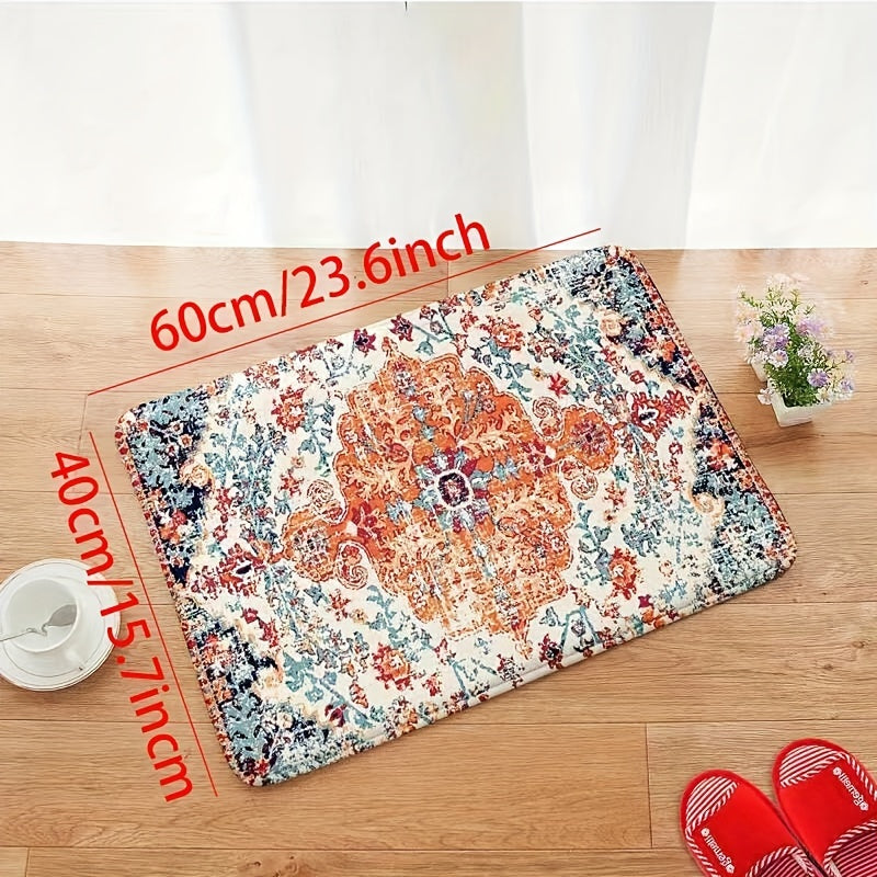 TEMU 1pc Floral Print Kitchen Rug, Vintage Bohemian Non-slip Floor Mat, Washable Living Room Bathroom Floor Mat, Door Mat, Mat, Home Decoration
