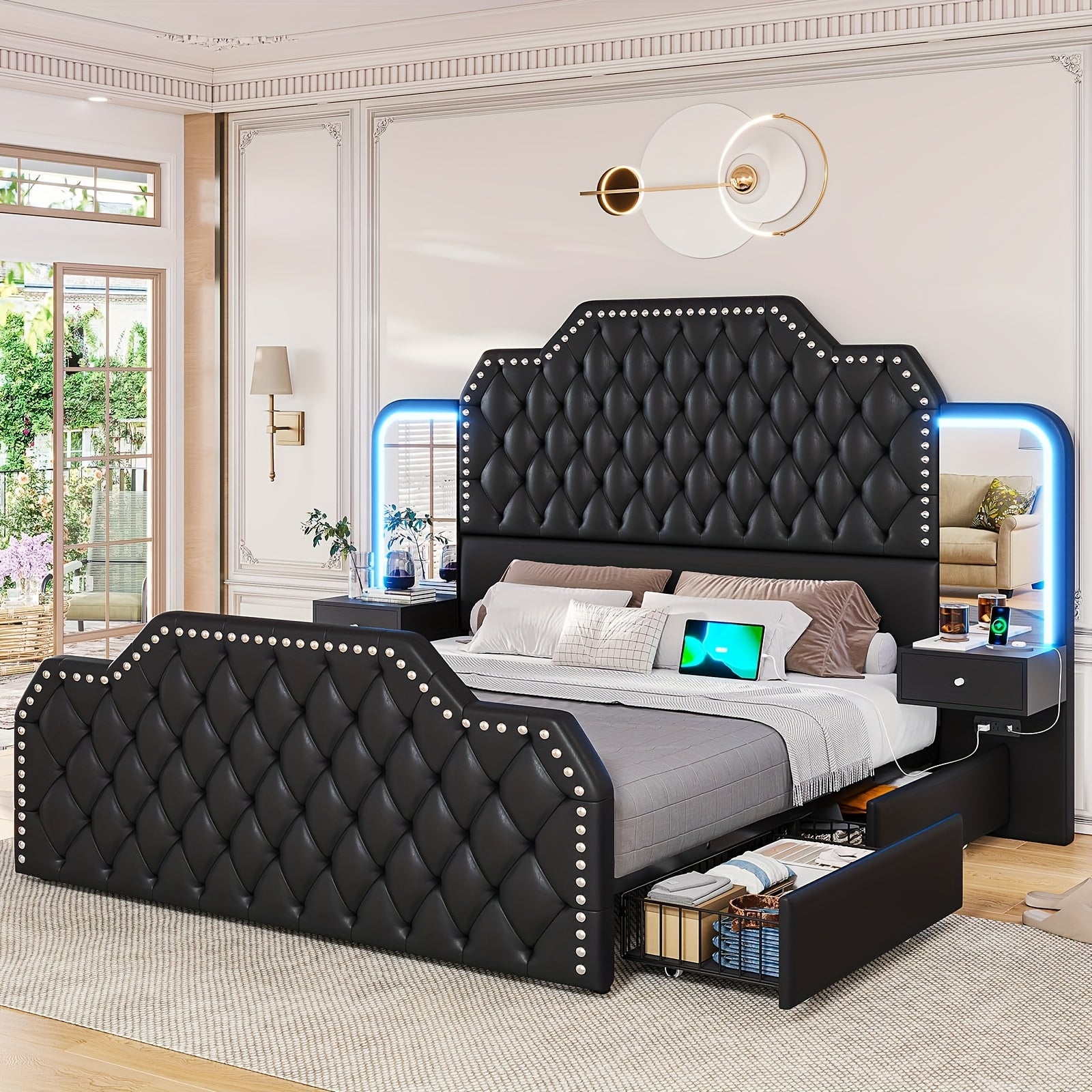 TEMU Queen Bed Frame With Nightstand 4 Drawers, Platform Bed With Vanity Desk And Mirrors, High Headboard Bed With Led Lights And Charging Station,