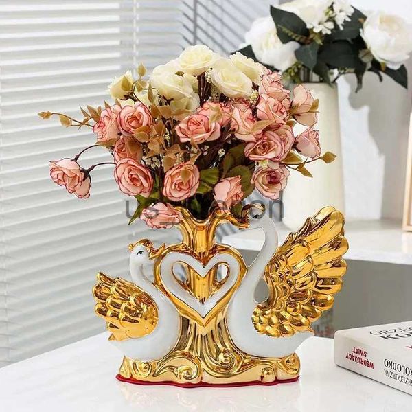 Vases Ceramic Swan Vase Arrangement Dining Table Home Decoration Accessories Creative Lovers Vase Wedding decoration x0630