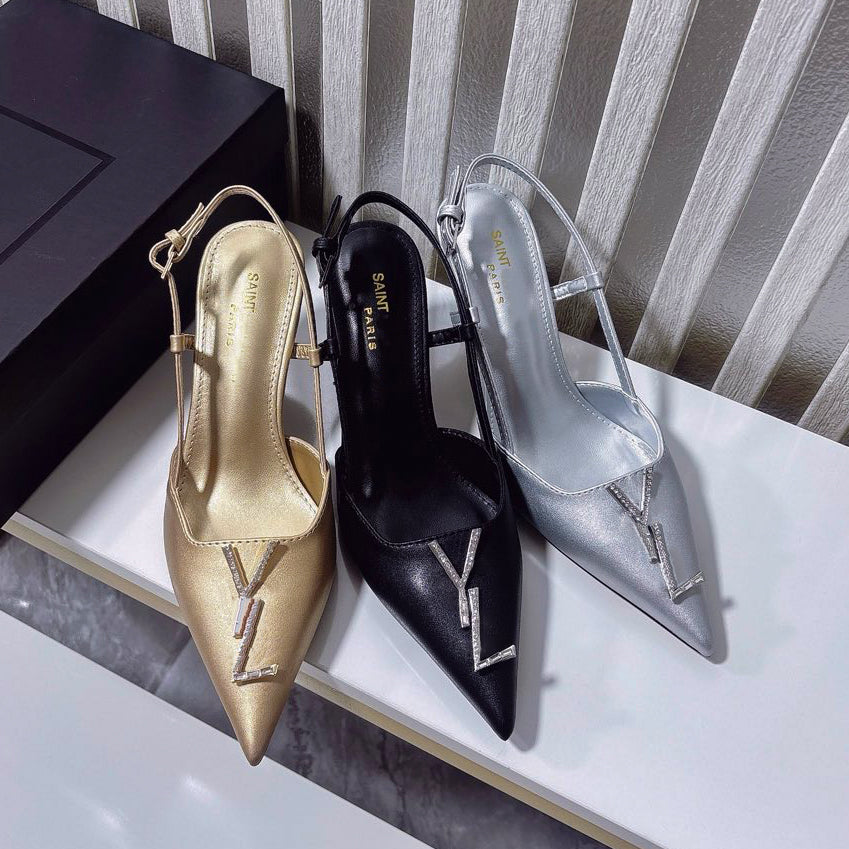 2025 High Heels Womens Designer Genuine Leather Pumps Lady Sandals Classic Style Wedding Slingback Heels Black Golden Gold Heel shoes