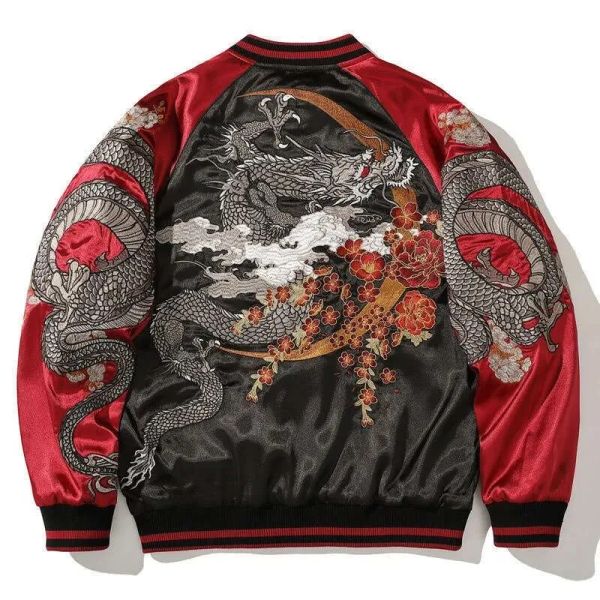 Embroidered Dragon Hip Hop Contrast Color High Street Baseball Coat Haruku Trendy Outerwear Casual Loose Jacket For Men