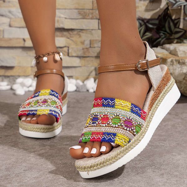 Fashion Striped String Bead Platform Wedges Sandals Women Multicolor Thick Bottom Sandalias Buckle Strap Weave Sole sandles