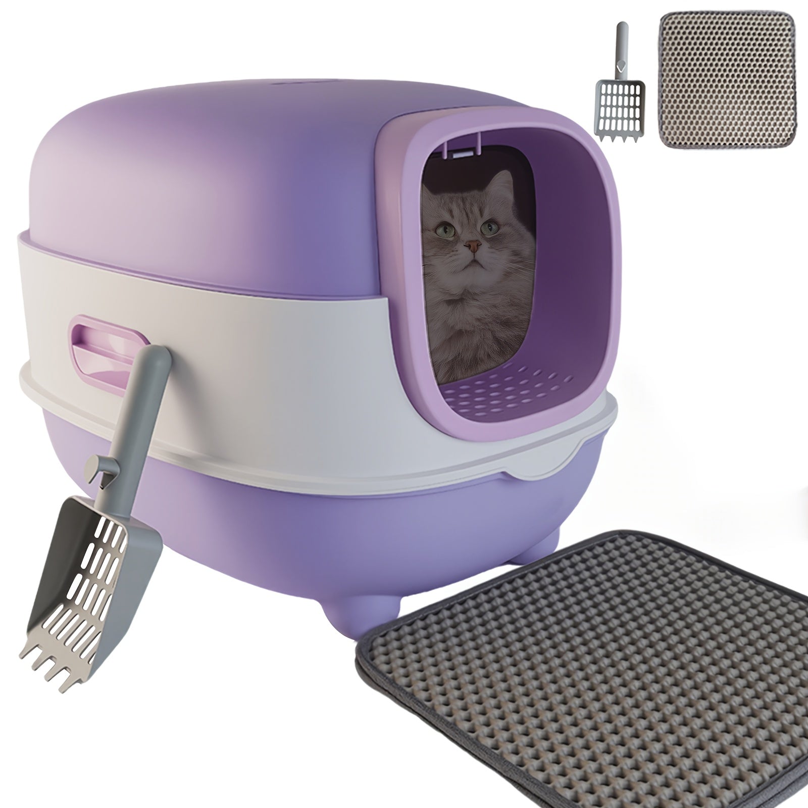 TEMU Cat Litter Box With Litter Mat And Scoop, Large Foldable Litter Box With Lid, Clamshell Exit Kitty Box, , Easy To Clean