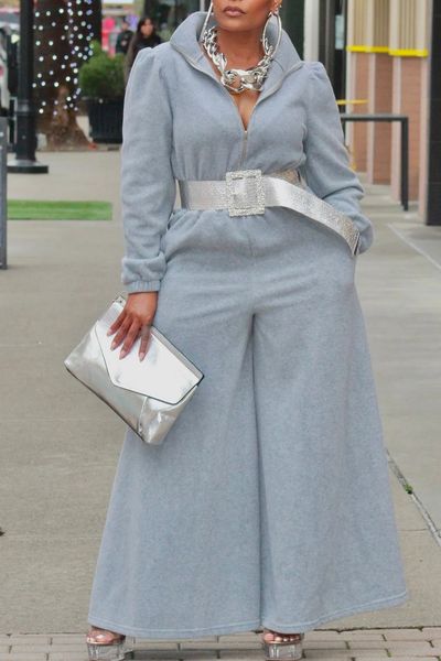 Plus Size Daily jumpsuit casual grey autumn-winter half zip collar long sleeved pocket wide leg knit jumpsuit without belt 241126