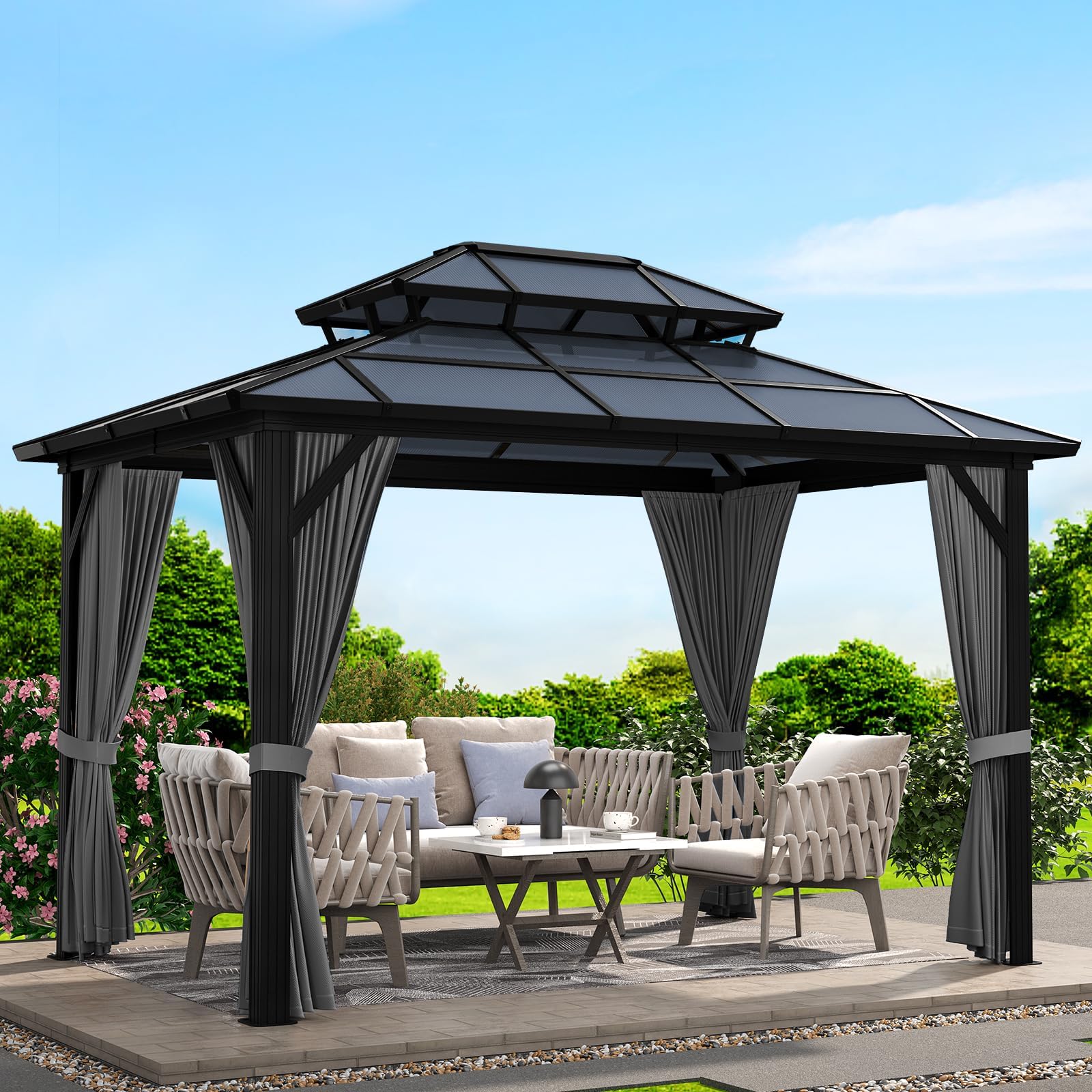 Garvee Hardtop Gazebo 10'x12' Polycarbonate Double Roof, Aluminum Frame, Privacy Curtains, Mesh Netting, All-Season Patio & Garden Pavilion