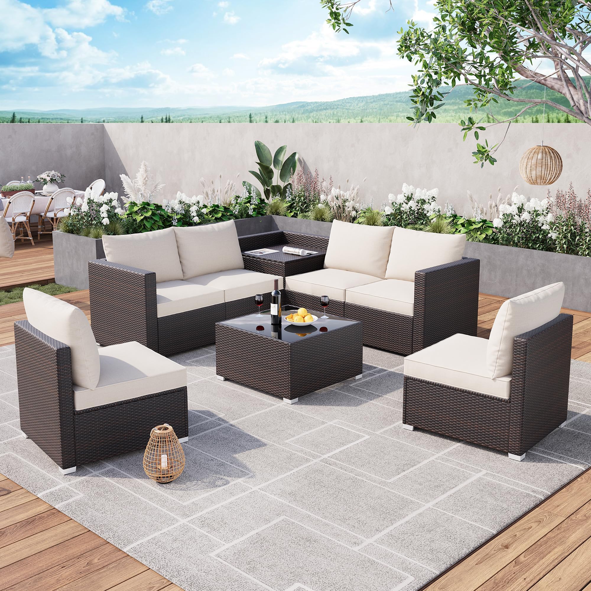 Garvee 8-Piece Outdoor Patio Furniture Set Modular PE Rattan Sectional Sofa with Tempered Glass Table Water-Resistant Olefin Cushions Beige Garden Bac