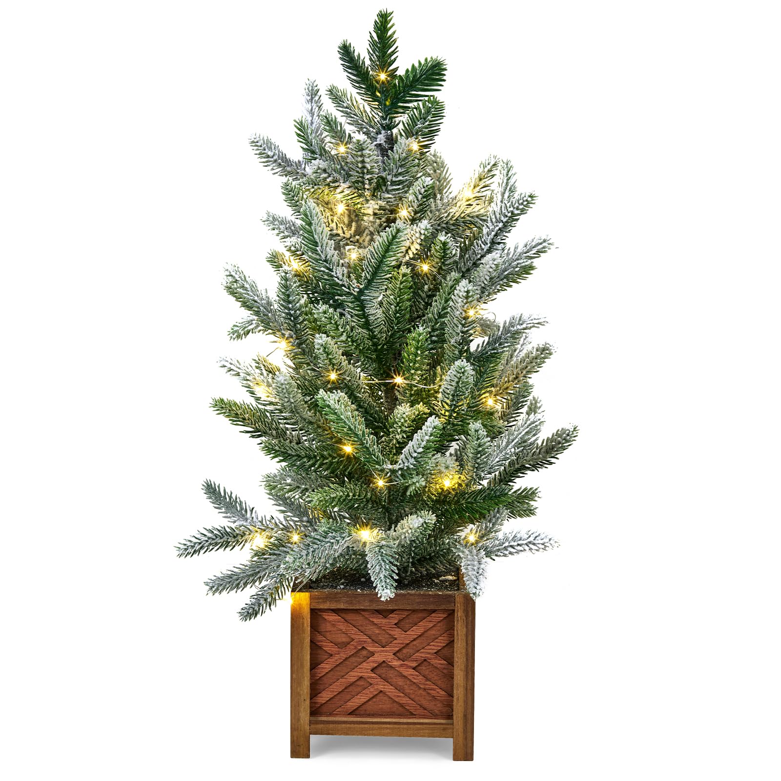 Garvee 24 Inch Small Christmas Tree with Lights, Prelit Artificial Mini Christmas Tree, Snow Flocked PE Branches, Wooden Pot, Battery Operated, Tablet