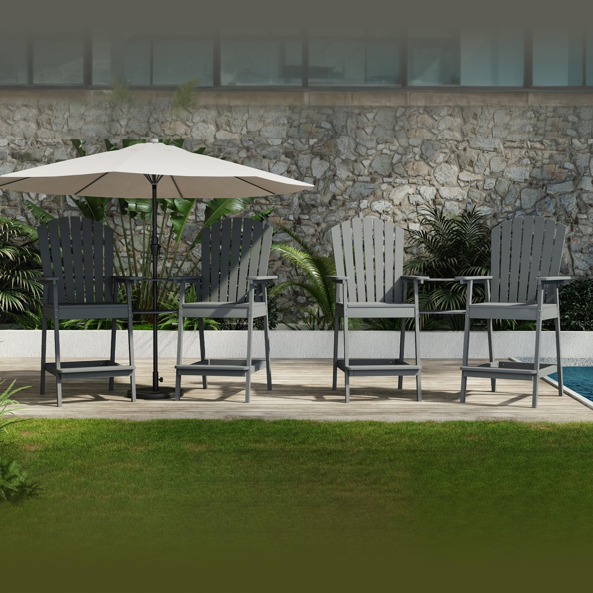 Garvee Outdoor Bar Height Adirondack Chairs with Connecting Tray & Umbrella Hole, Solid Wood, Ergonomic Comfort & Integrated Footrest, Set of 4, Dark 