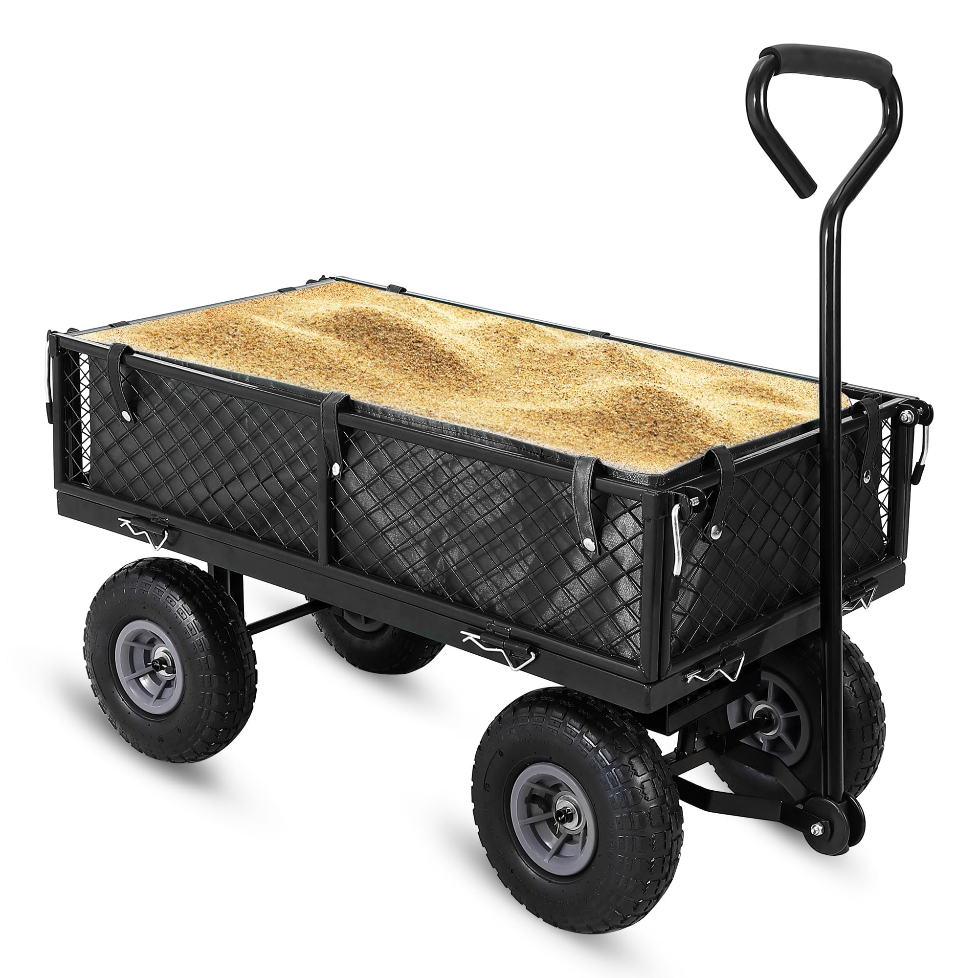 Garvee Heavy Duty Garden Cart Folding Utility Wagon 500LB Capacity Mesh Steel Waterproof Liner Adjustable Handle 10 Inch Tire for Outdoor Work