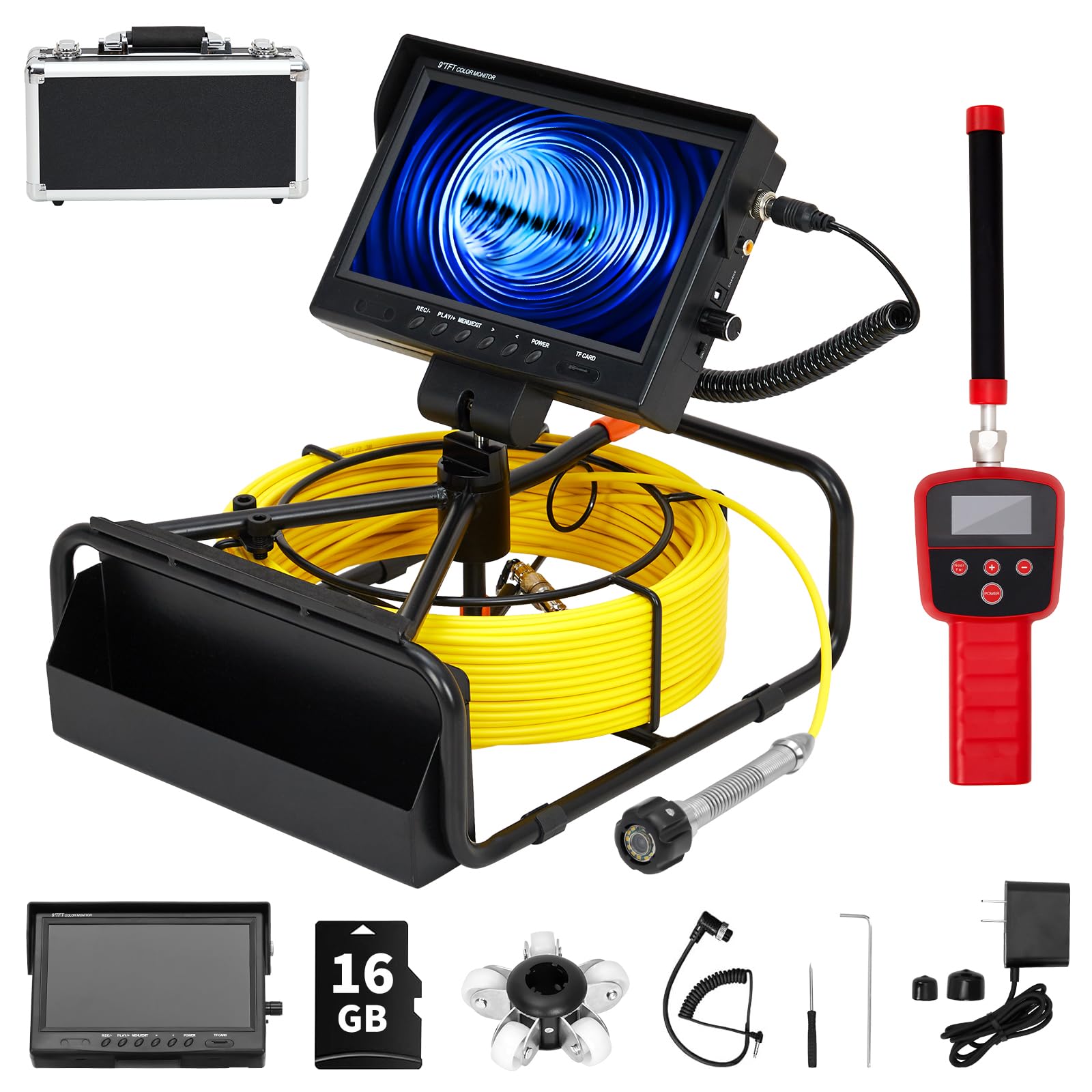 Garvee Sewer Camera with 512Hz Locator, 9" IPS Screen, 100FT Cable, IP68 Waterproof, 12 LEDs, DVR, 16GB Card - Plumbing Inspection
