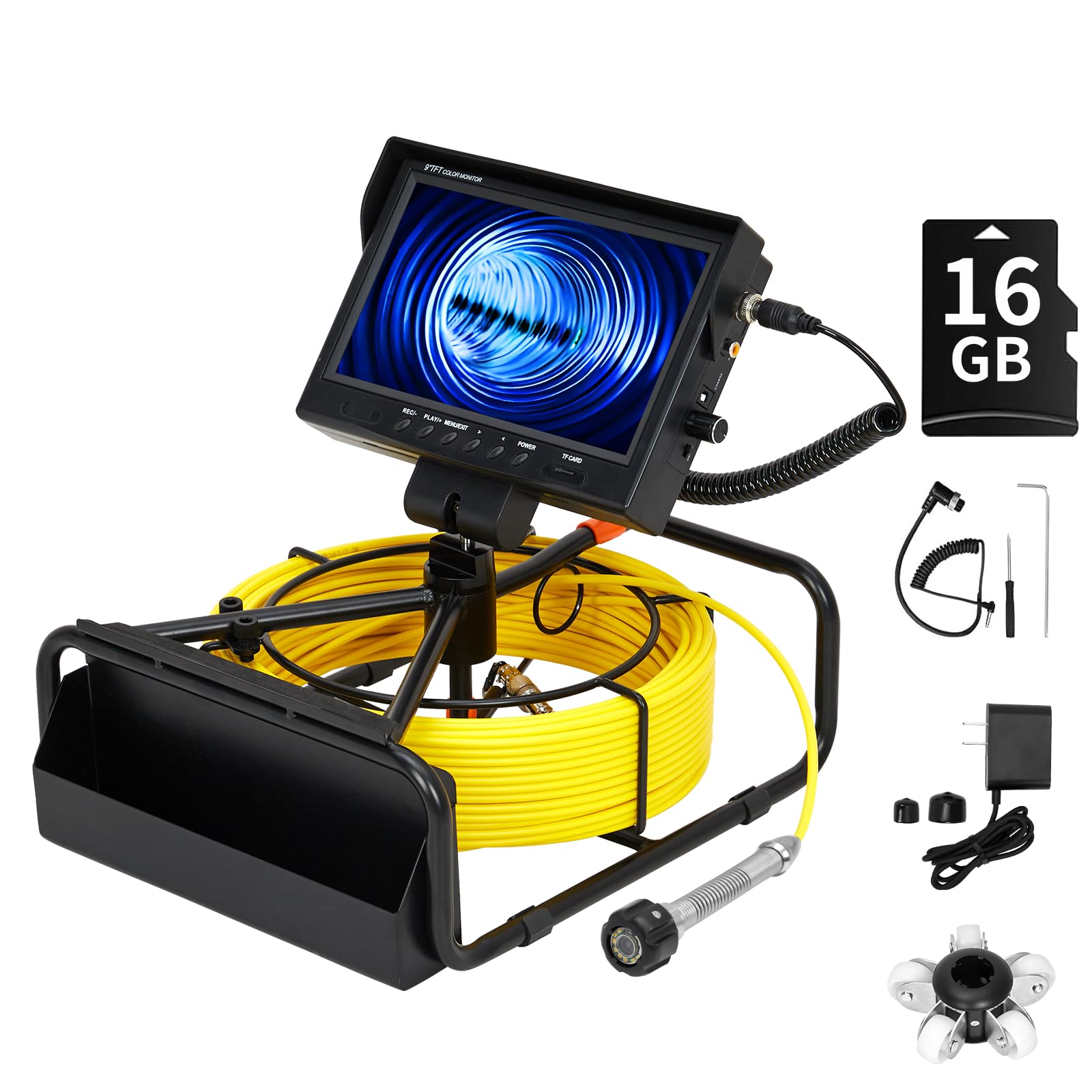 Garvee Sewer Inspection Camera 100FT with 9" IPS HD Screen, IP68 Waterproof, 12 LED Lights, 4500mAh Battery, 16GB Card, Fiberglass Cable, Plumbing & D