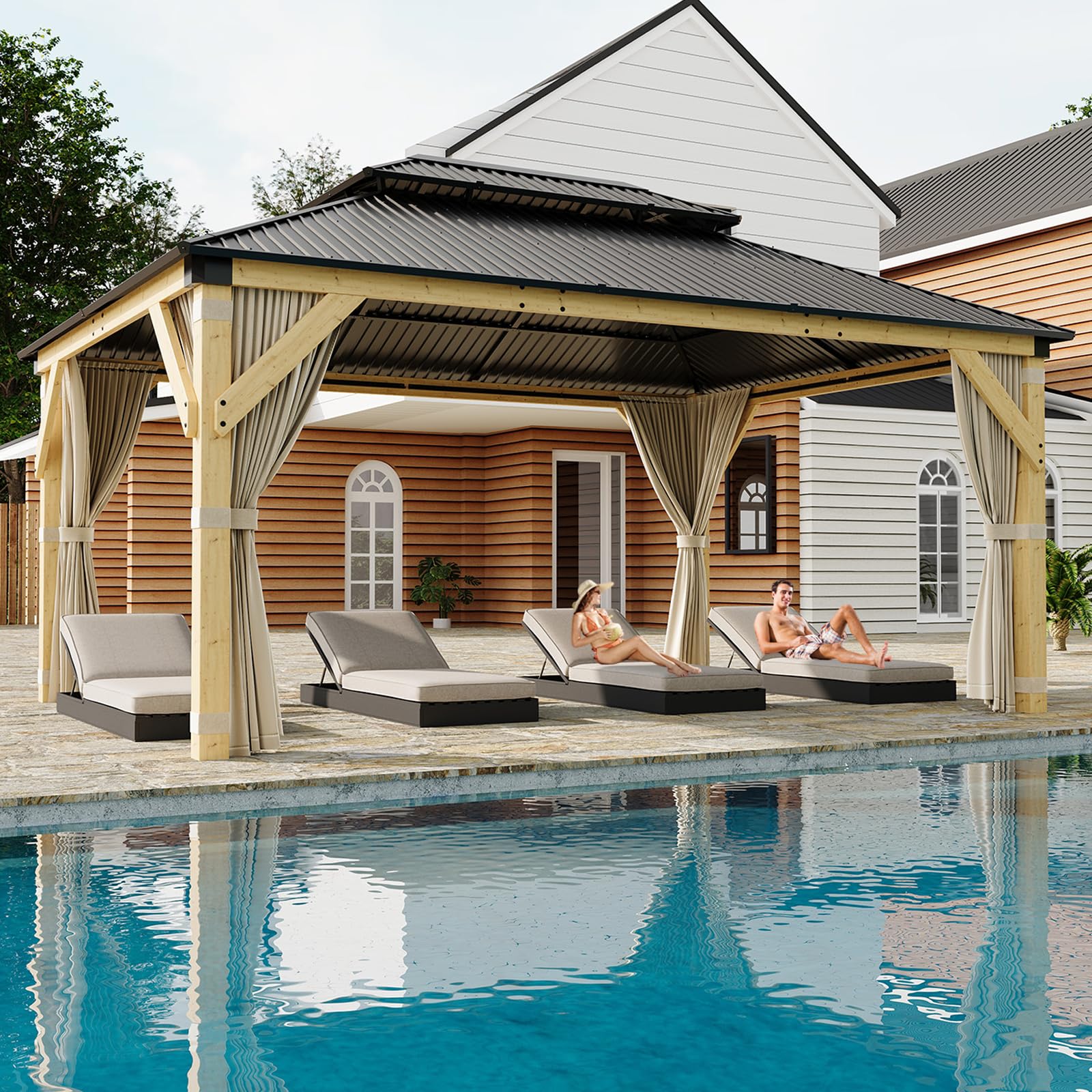 Garvee 12x16FT Hardtop Gazebo Solid Spruce Frame Aluminum Double Roof Curtains Netting Outdoor Garden Patio Lawn Parties