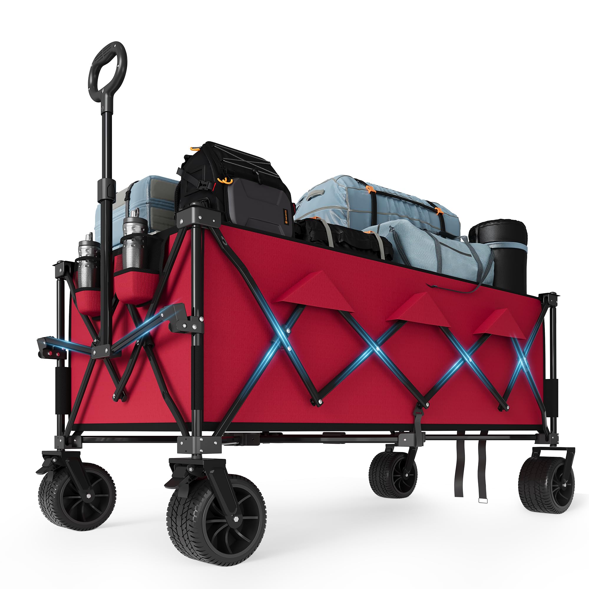 Garvee Heavy Duty Foldable Wagon All Terrain Beach Cart with Locking Brakes & Cup Holders Steel Frame & Oxford Fabric Large Capacity for Camping & Out