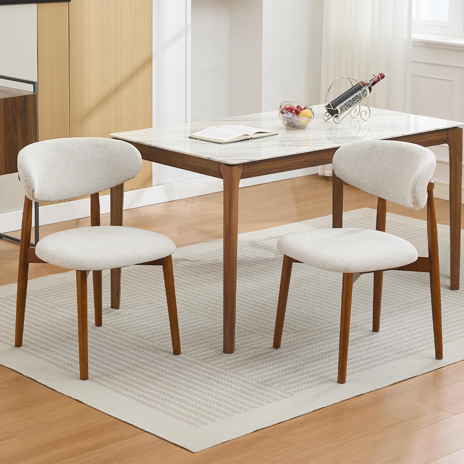 Garvee Wooden Dining Chairs Set of 2 Mid Century Modern Fabric Upholstered Padded Seat Wood Legs Beige for Kitchen Dining Room