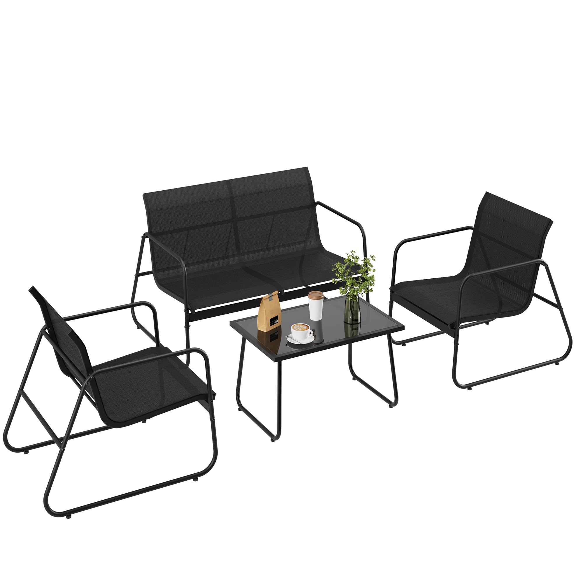 Garvee Textilene Patio Conversation Set with 2 Single Chairs, Loveseat, Tempered Glass Coffee Table, Powder Coated Steel Frame, Quick Dry, Outdoor Lou
