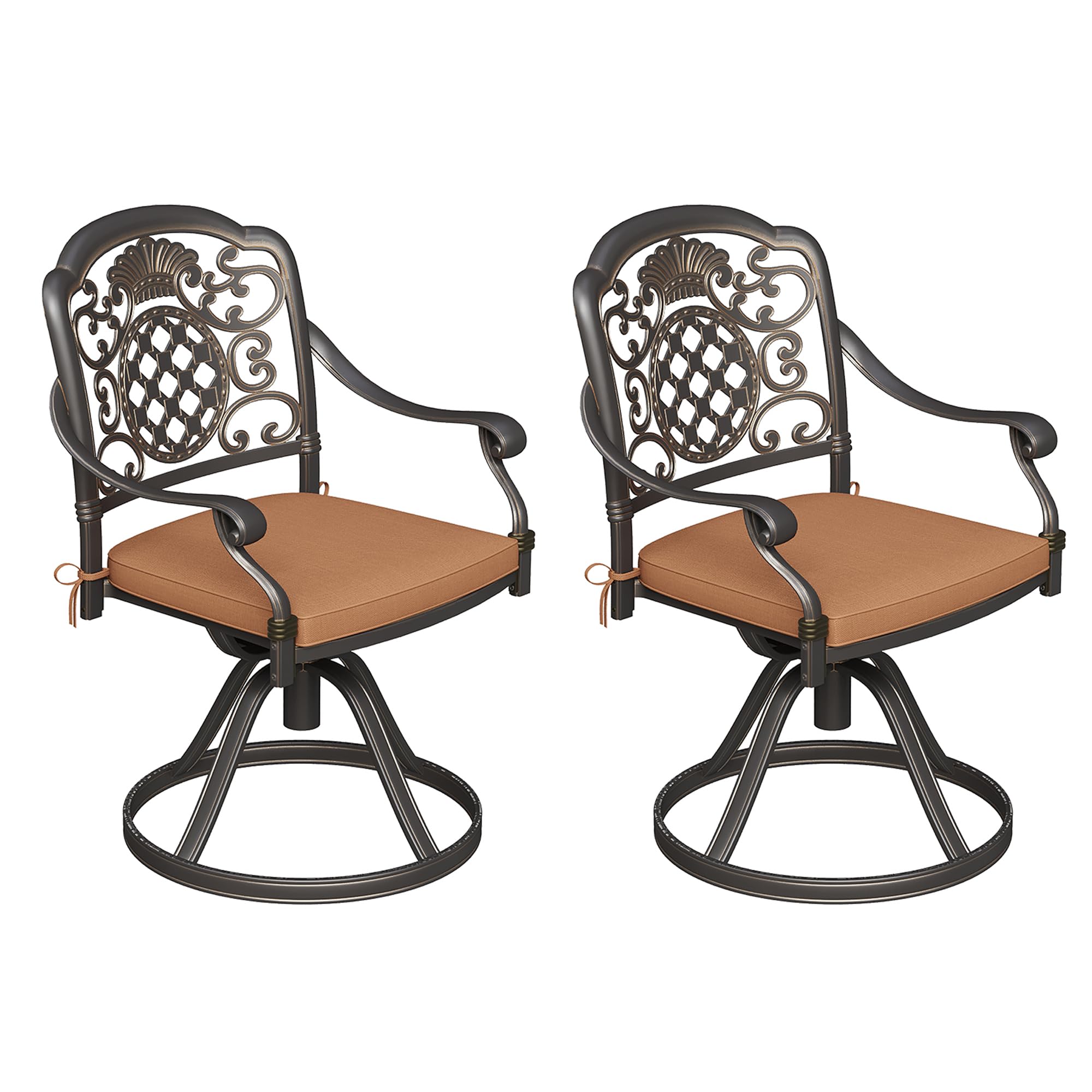 Garvee Set of 2 Swivel Outdoor Dining Chairs with 360° Swivel & Rocking, Aluminum Frame, Removable Cushions, Ergonomic Armrests, Brown, Patio & Garden