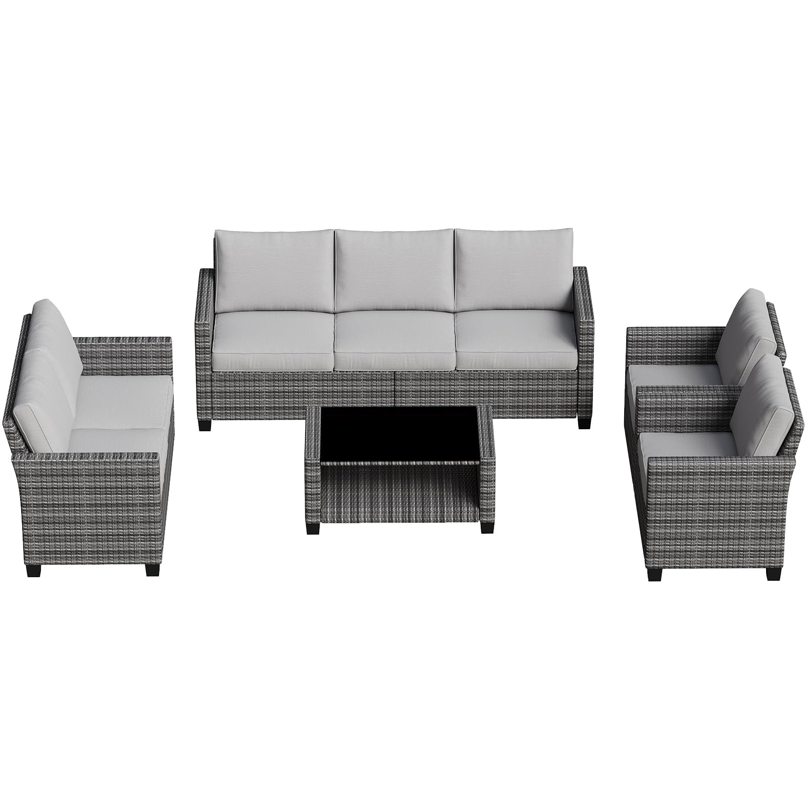 Garvee 5-Piece PE Rattan Patio Furniture Set with Cushions & Glass Table, Steel Frame, Weather-Resistant, Grey & Brown, Outdoor Porch & Garden