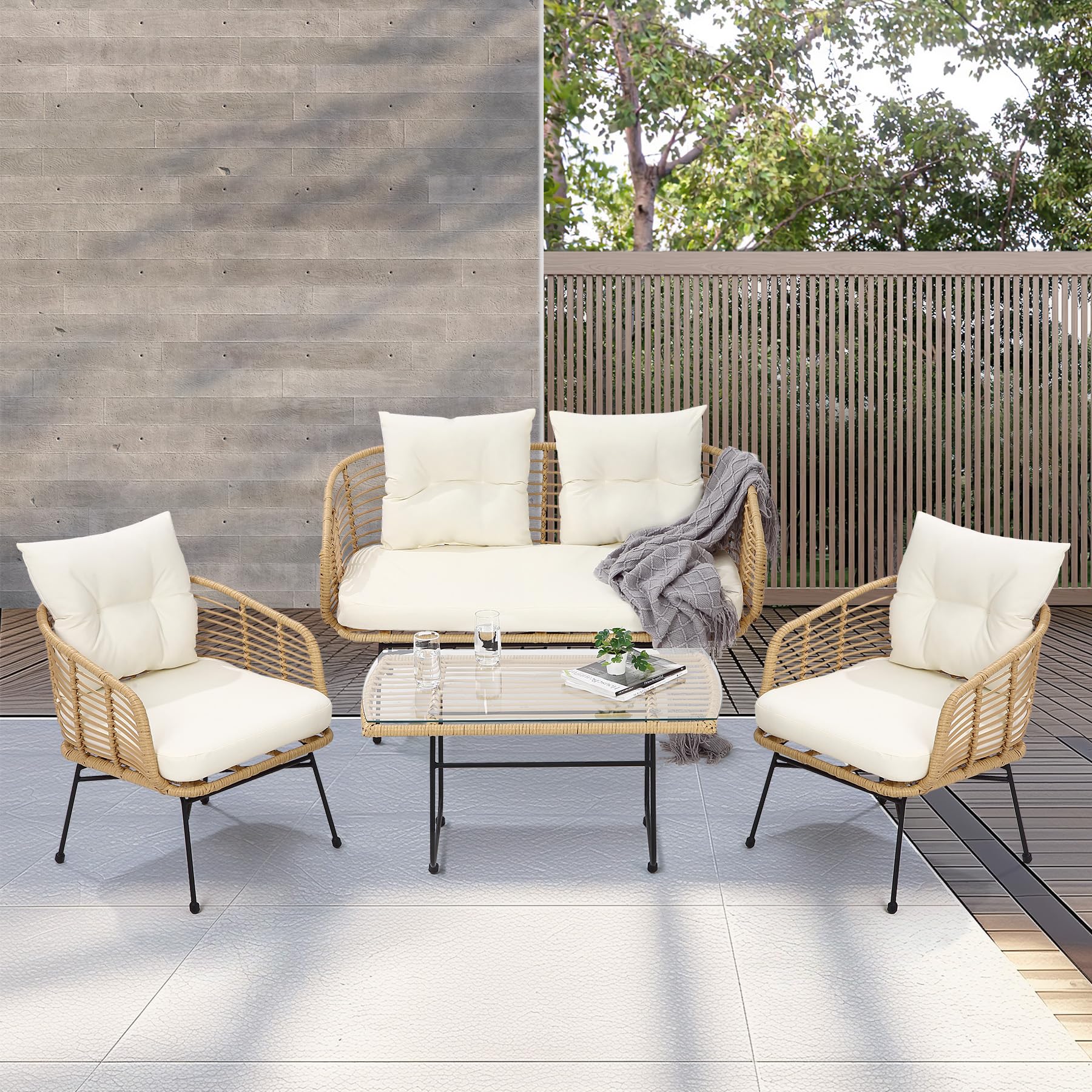 Garvee Patio Sectional Furniture Set, 4-Piece Outdoor Patio Set with Sofa, All-Weather Rattan Patio Conversation Set with Loveseat, Tempered Glass Tab