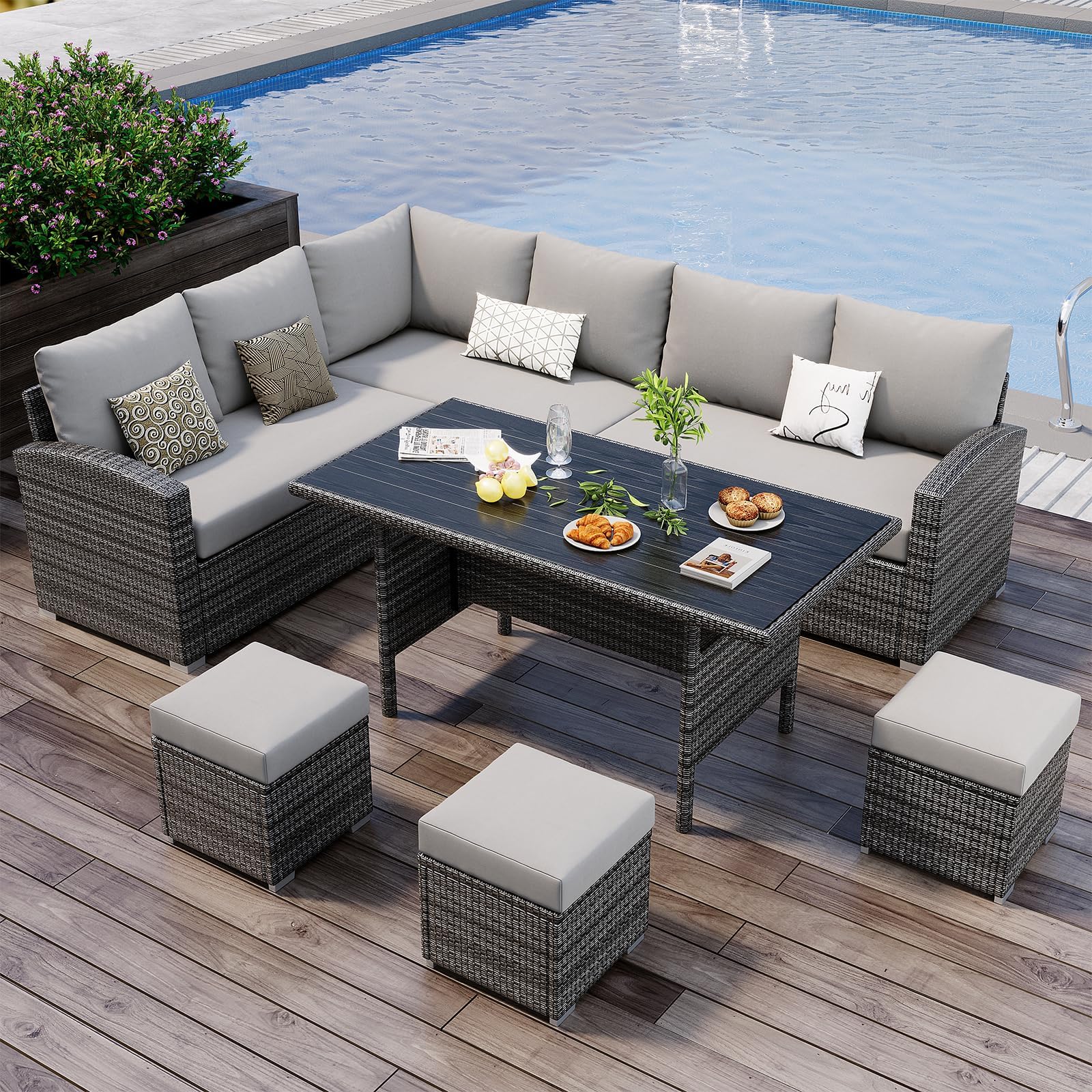 Garvee 7-Piece Patio Furniture Set Modular Sectional Steel Frame Tempered Glass Table PE Rattan Cushions Outdoor Pool Porch