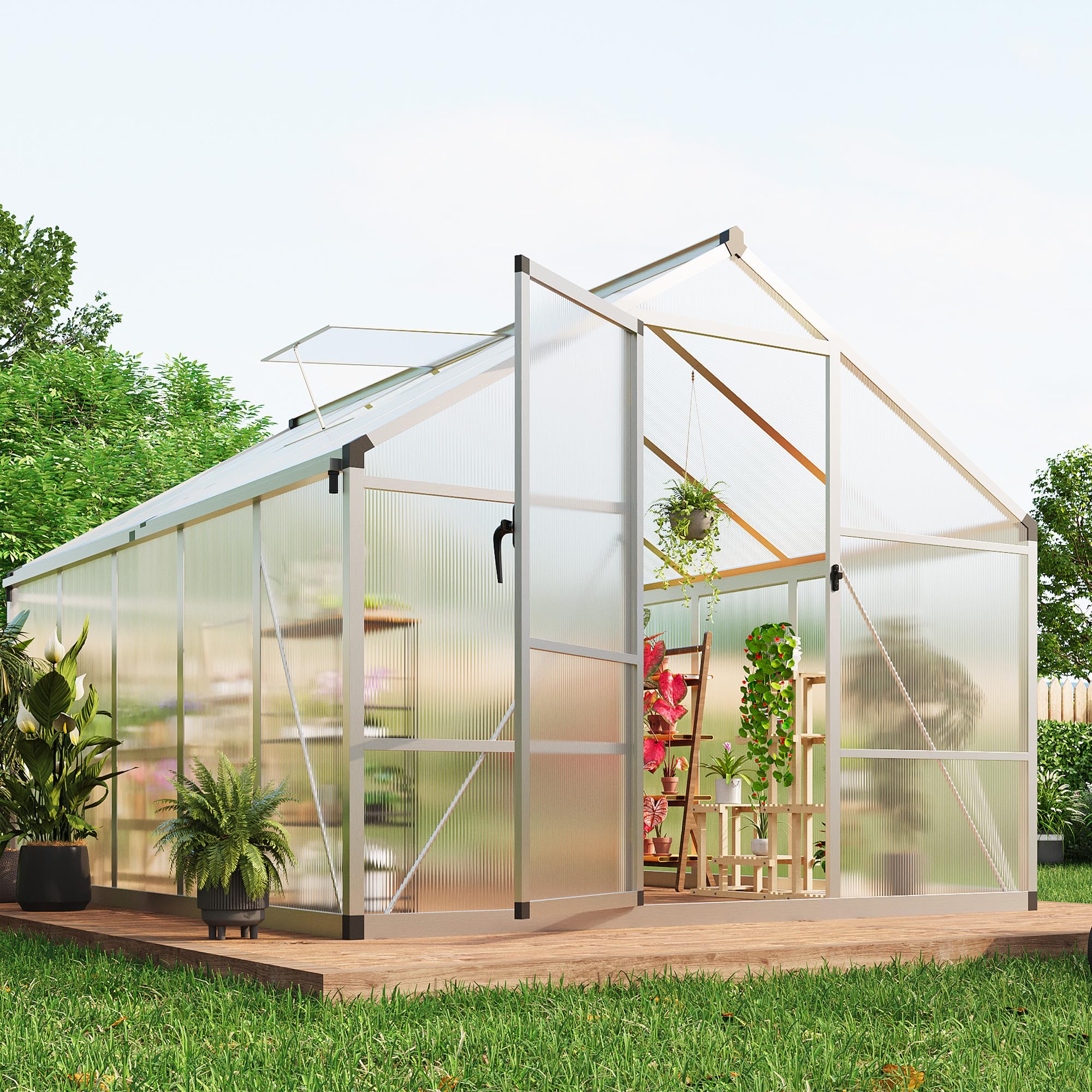 Garvee 8×10 FT GreenHouse, Large Walk in Greenhouses for Outdoors and Garden Planting, Polycarbonate Greenhouse with Enhanced Aluminum Frame, Green Ho