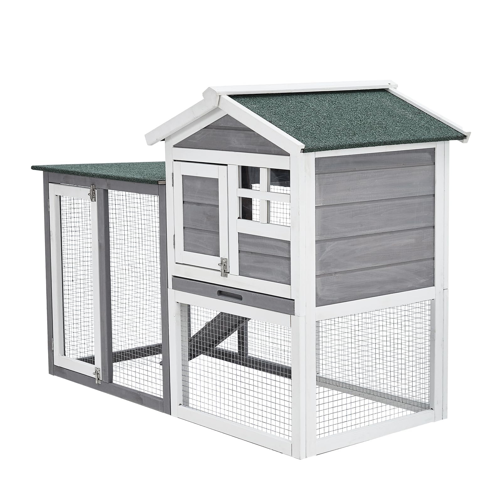 Garvee 63"L Rabbit Hutch Wooden Small Animal Cage with 2 Lockable Doors Weatherproof PVC Roof Removable Tray Green-White Indoor Outdoor
