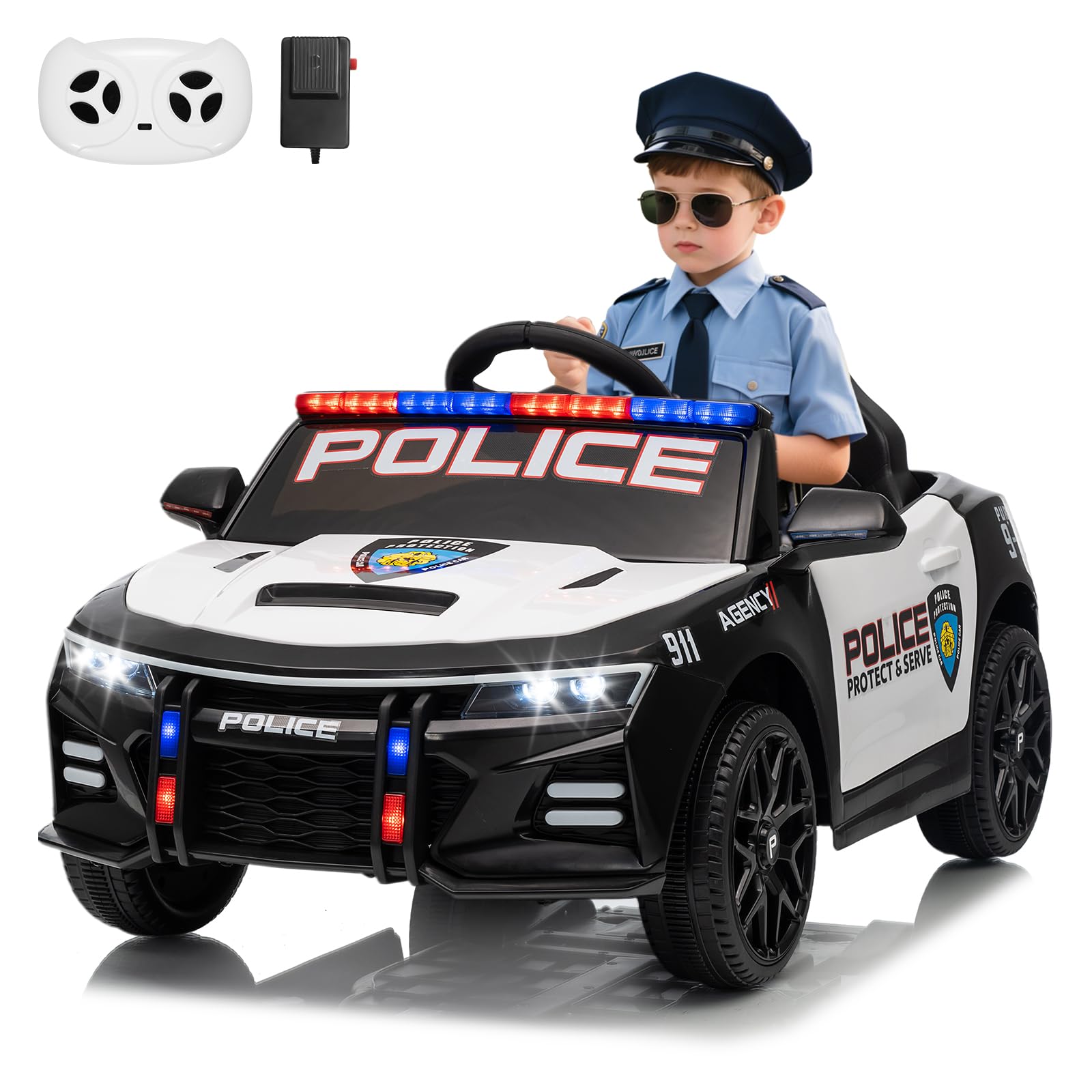 Garvee 12V Police Car Ride-On Toy for Kids with Remote Control, Emergency Tones, Megaphone, Flashing Lights, Spring Suspension, Music, Safe Buckle Loc