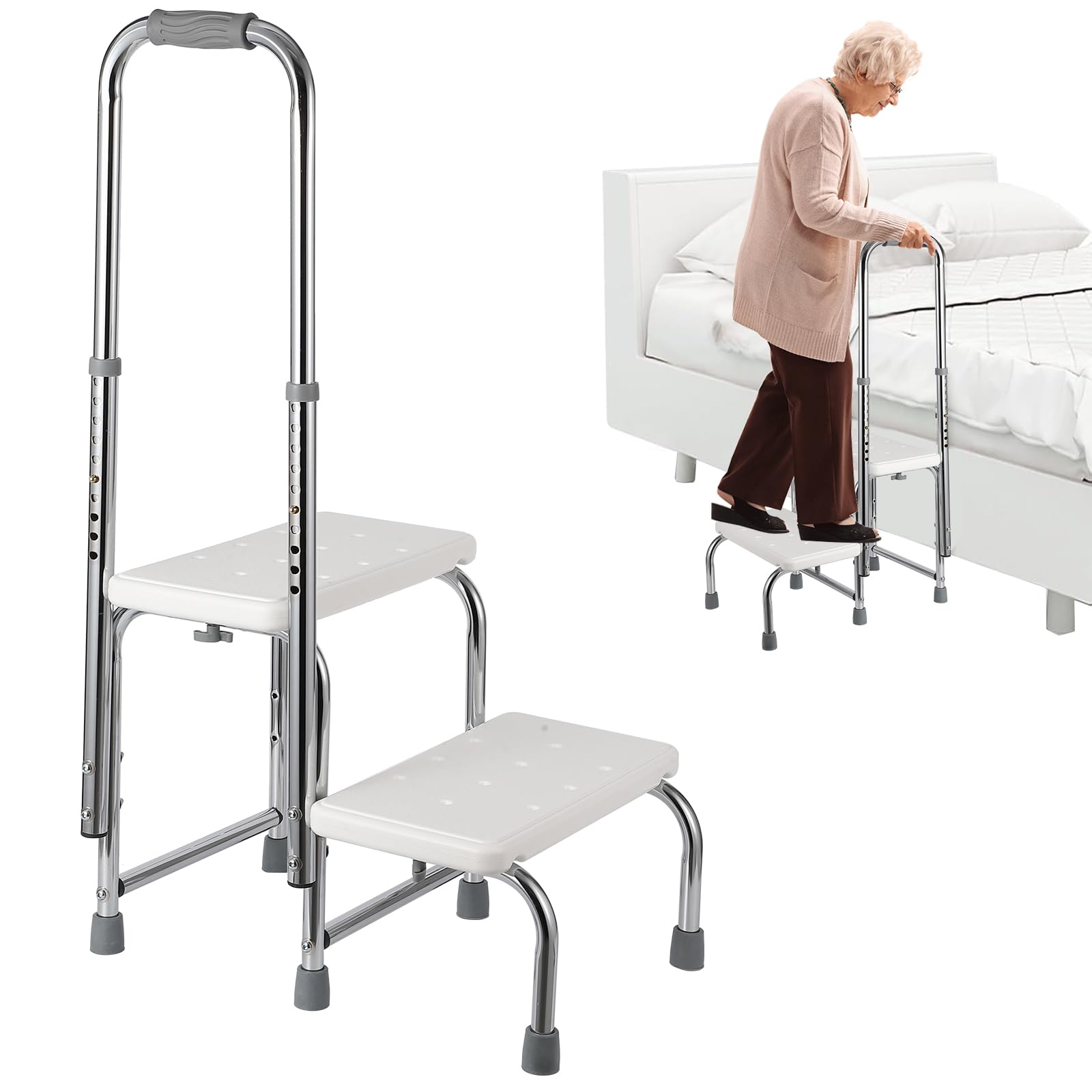 Garvee Step Stool with Handle for Seniors, Supports Up to 450lbs, Adjustable Height Handrail 2 Steps Medical Foot Stool, Step Ladder Bed Stairs for El