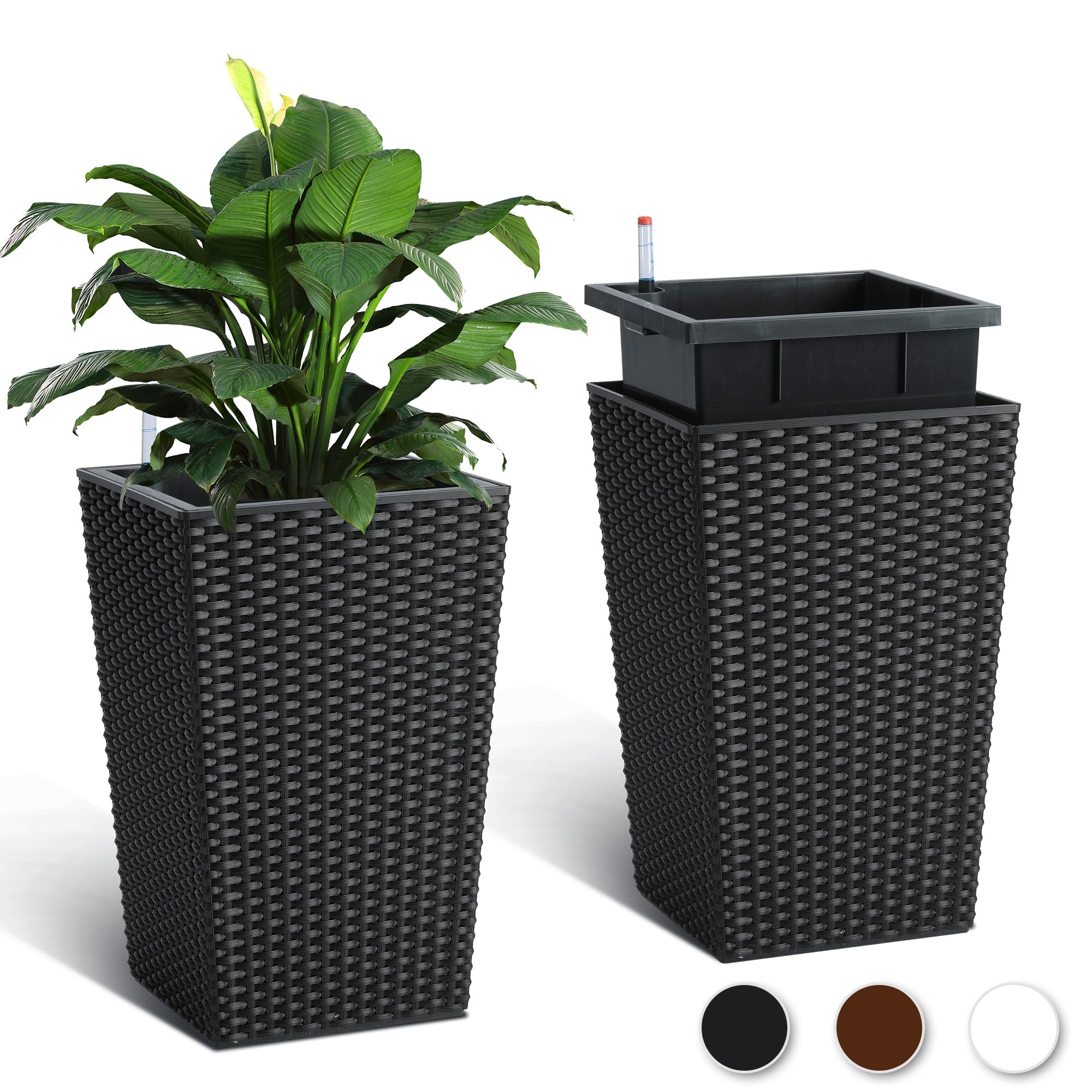 Garvee 16 Inch Tall Rattan Planter Set with Water Level Monitor & Wheels, Durable Plastic, Self-Watering & Drainage, Indoor & Outdoor Use