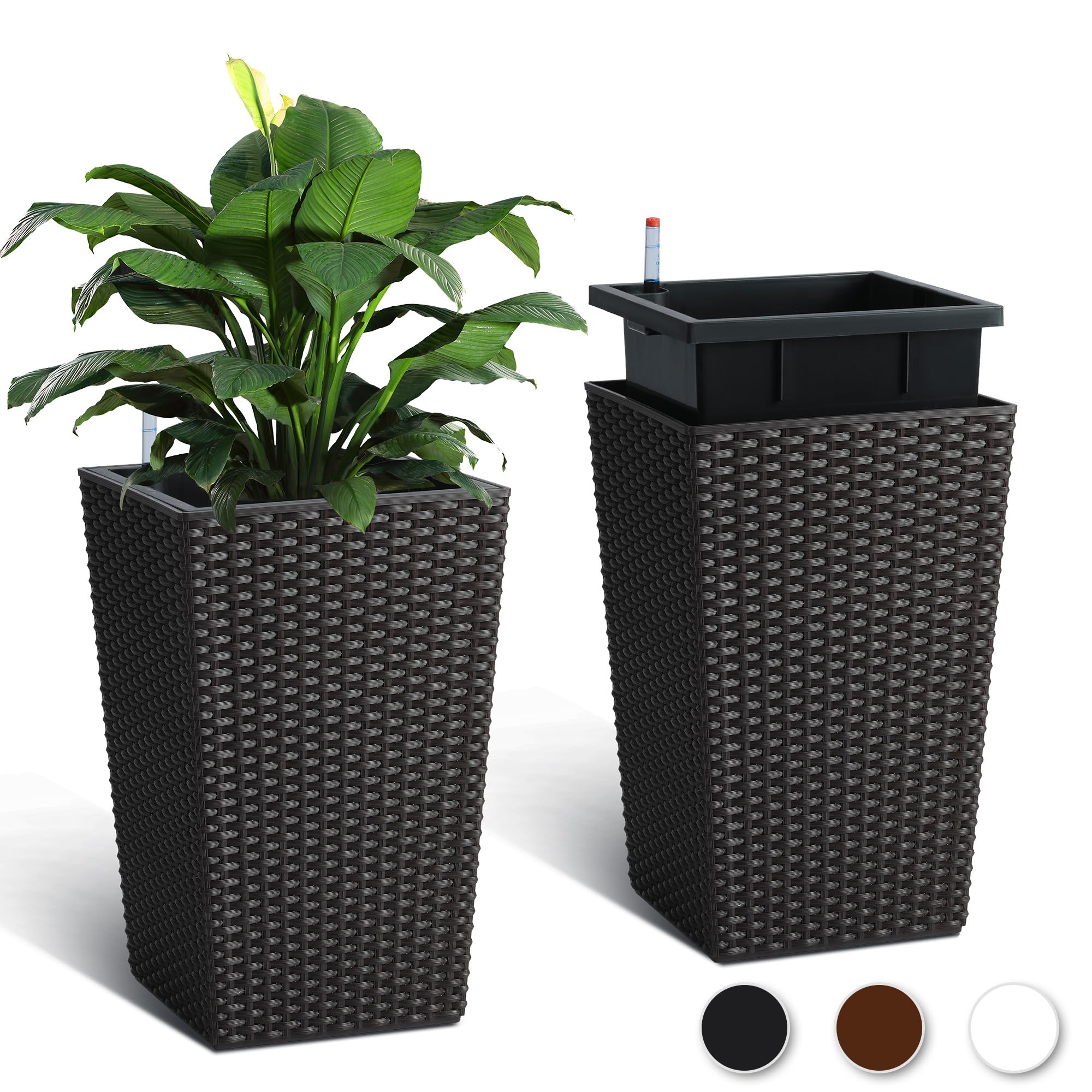 Garvee 16 Inch Rattan Planter Set of 2 with Water Level Monitor & Wheels, Durable Plastic, Self-Watering, Indoor-Outdoor Patio Decor
