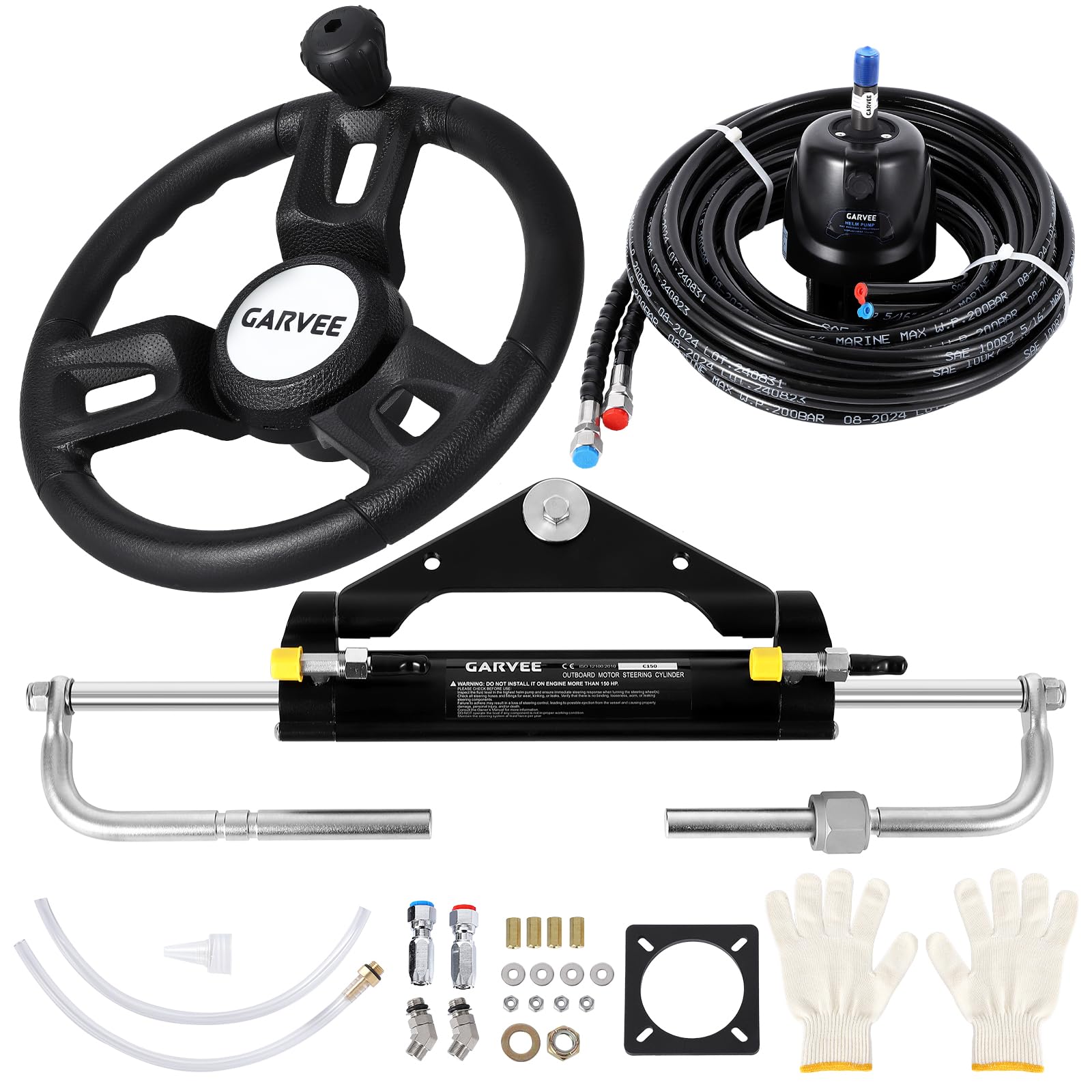 Garvee 150HP Hydraulic Steering Kit for Small-Medium Boats - Precise Control & High Pressure - Corrosion-Resistant Aluminum - Leak-Proof Hoses & Compa