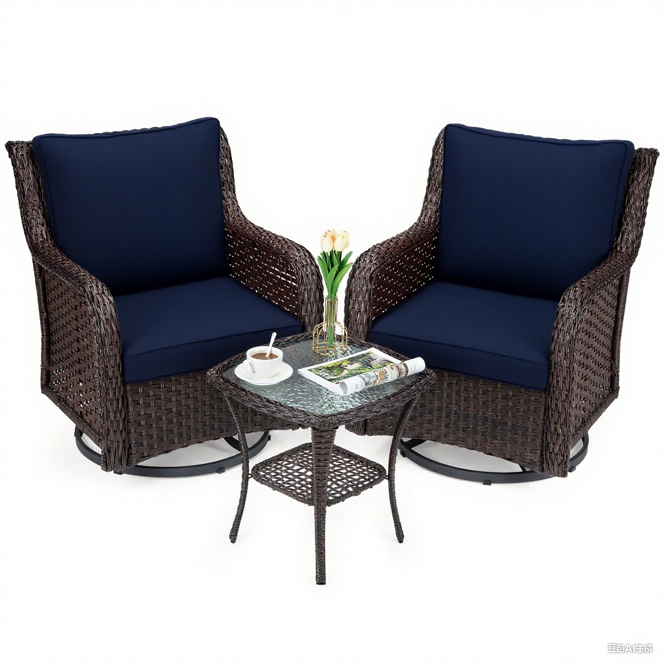 Garvee Outdoor Swivel Wicker Glider Patio Chairs with 360° Swivel & Rocking, 4" Thick Cushions, Steel Frame, 2-Tier Side Table, Blue, Porch & Balcony 