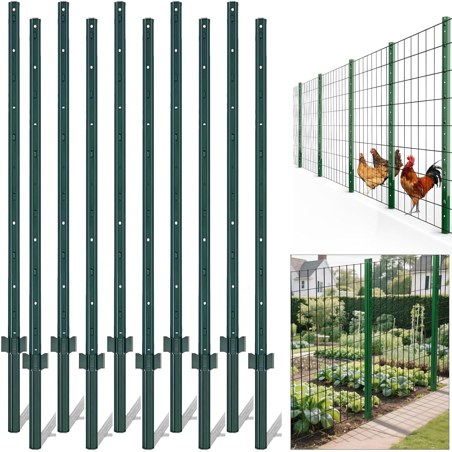 Garvee 4.8' U-Shaped Metal Fence Posts - Pack of 10, Powder Coated Steel w-Adjustable Tabs & Anchor Plates for Outdoor Gardens