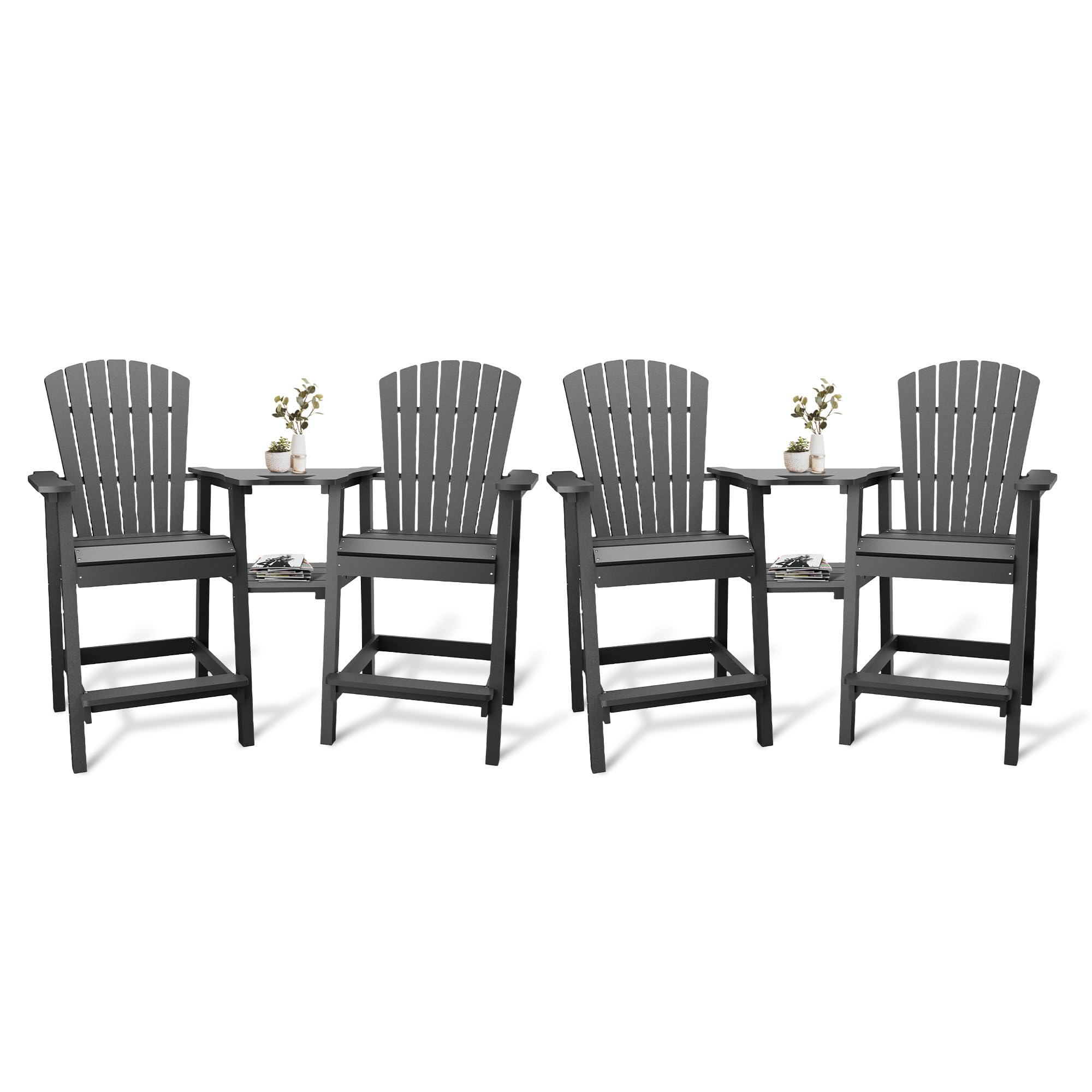 Garvee Outdoor Recycled Poly Adirondack Barstools with Connecting Tray, High Back, Weather Resistant, Built-in Footrest, Set of 2, Patio & Deck