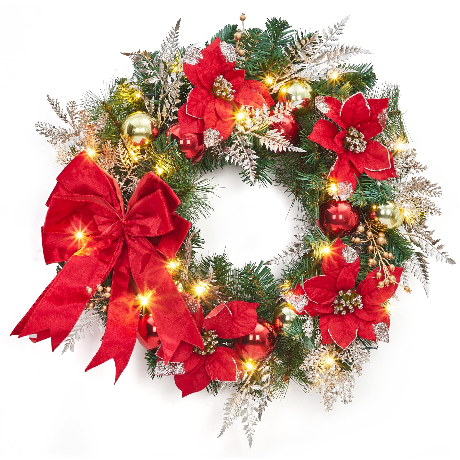 Garvee 24 Inch Christmas Wreath with Lights - Battery Operated, Timer, 20 LED Lights - PVC, Red Gold Balls & Velvet Bow - Indoor Outdoor Decor