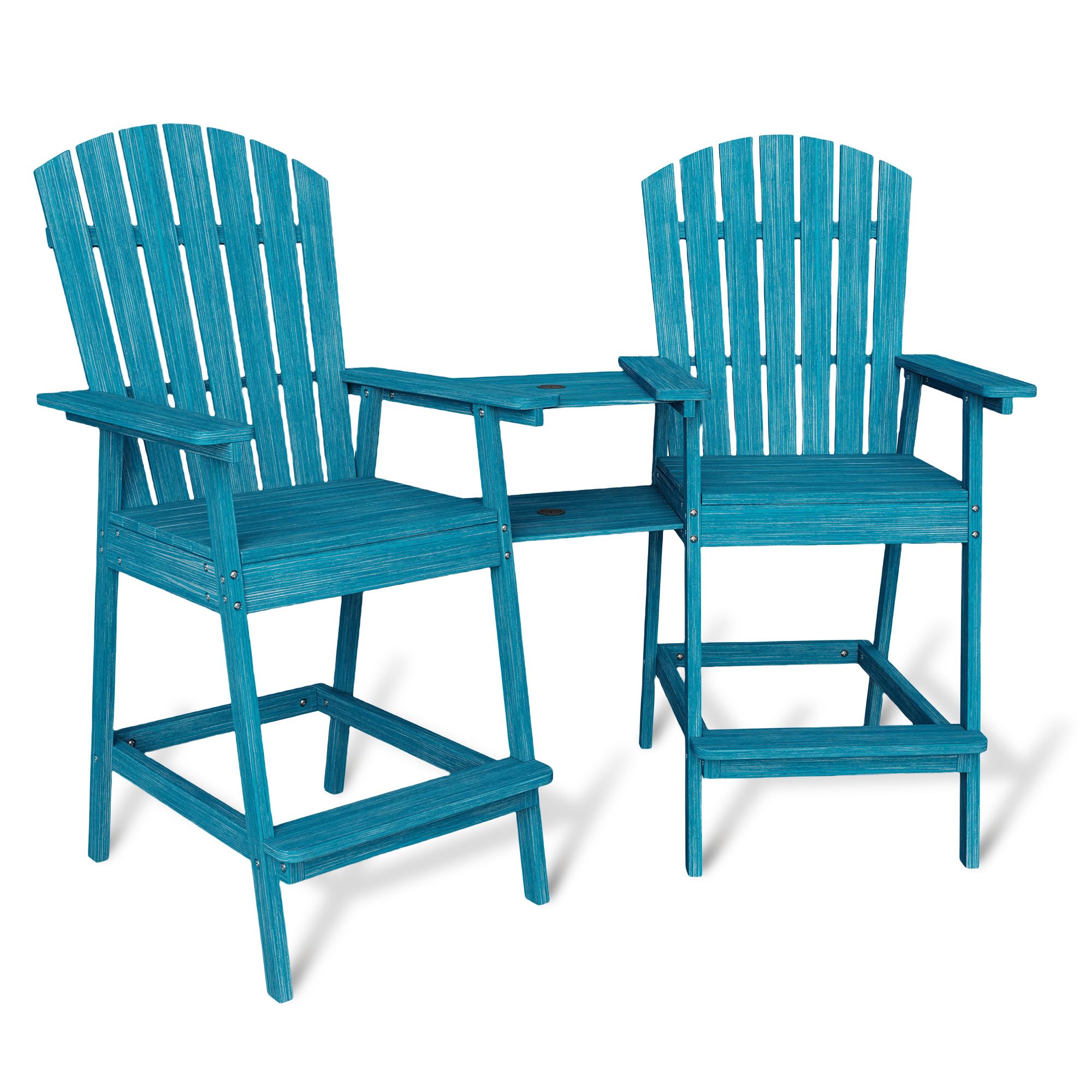 Garvee Outdoor Bar Height Adirondack Chairs Solid Wood Connecting Tray Ergonomic Support Integrated Footrest Balcony Deck Patio Set of 2 Blue