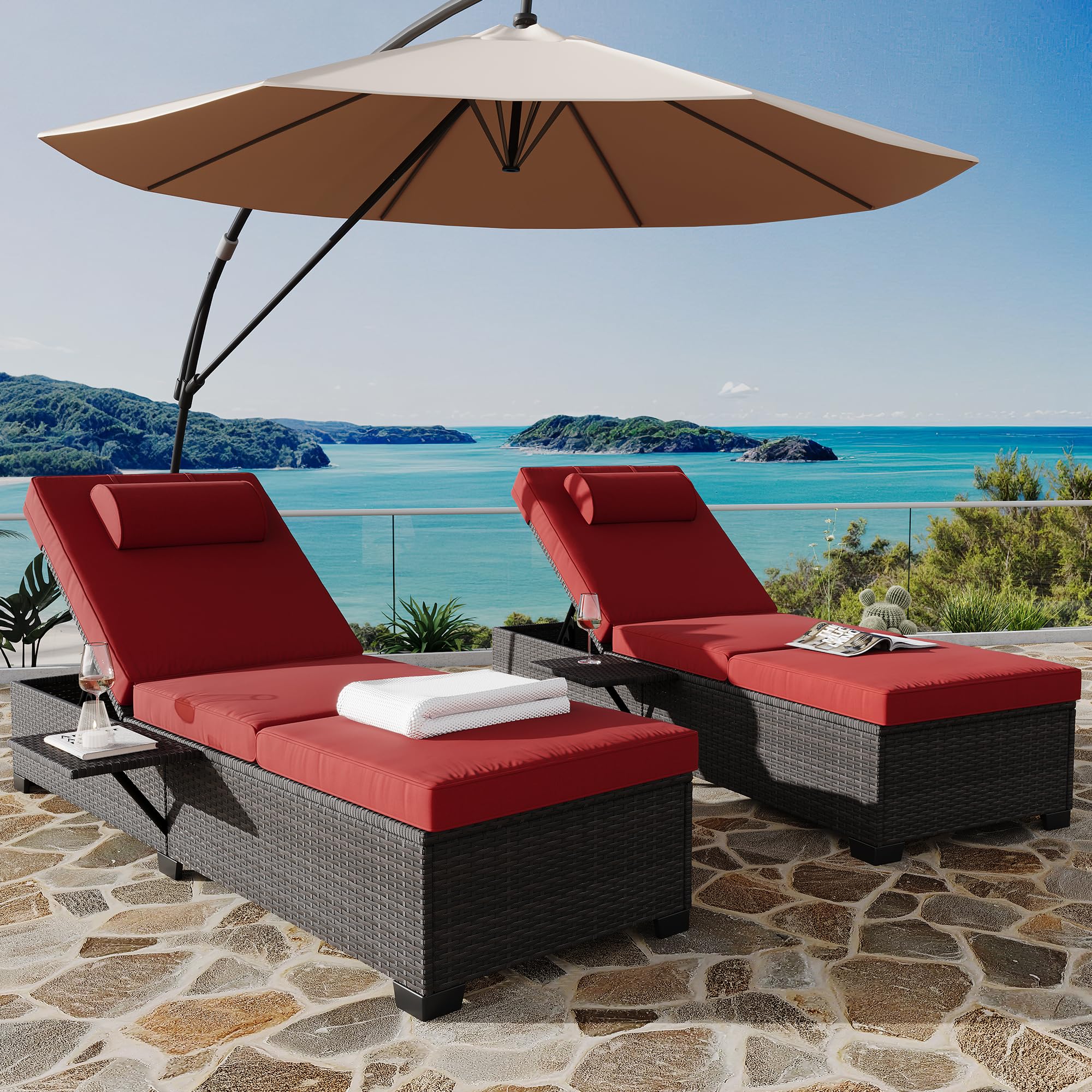 Garvee Outdoor PE Wicker Chaise Lounge Chairs Set of 2, Adjustable Backrest Recliners, Brown Rattan, Durable Steel Frame, UV & Water Resistant Cushion