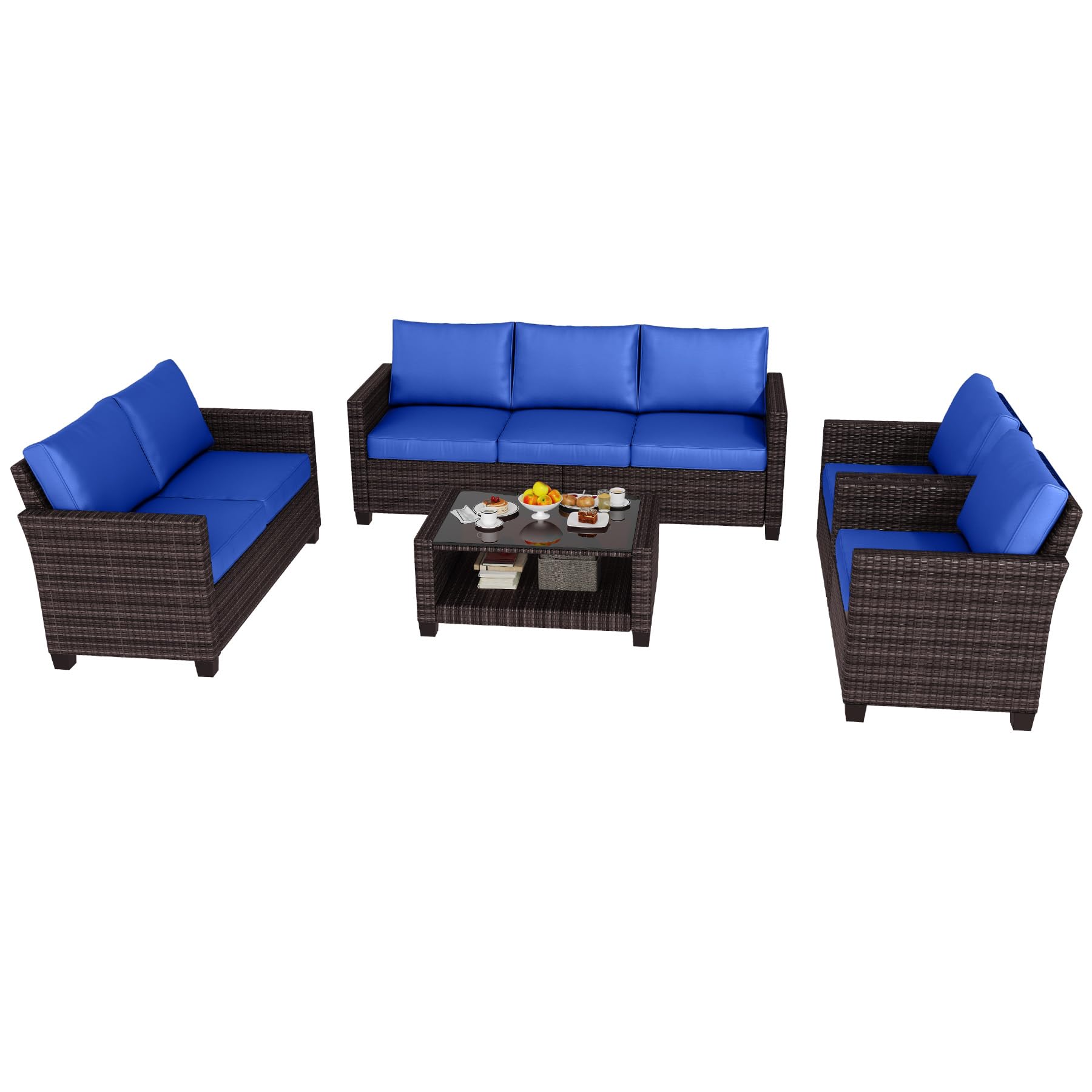 Garvee 5 Piece Outdoor Wicker Furniture Set Patio PE Rattan Sectional Sofa 6 Seating Coffee Table with Storage Powder Coated Steel Tempered Glass Pati
