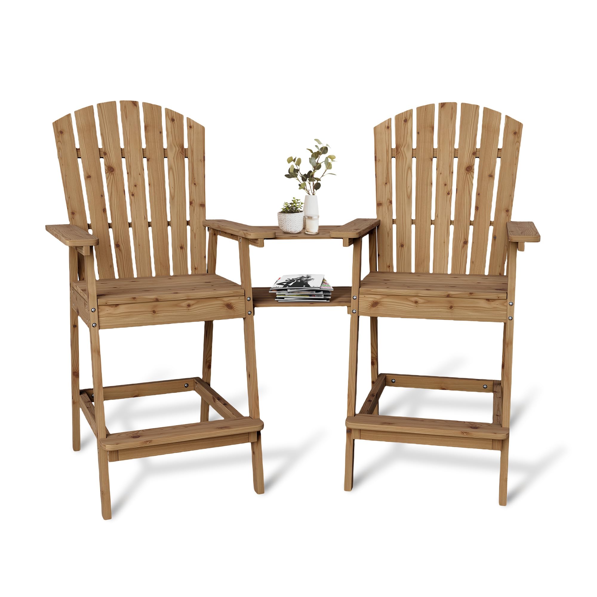 Garvee Outdoor Adirondack Barstools Set of 2 with Connecting Tray, Ergonomic High Back, Solid Wood, Built-In Footrest, Removable Tray, Patio Deck Balc