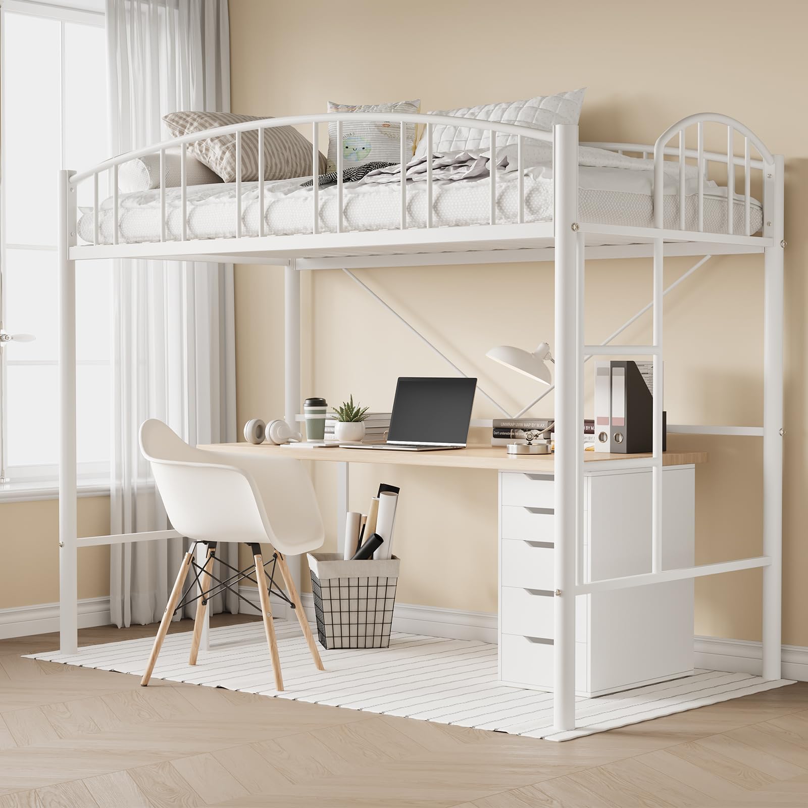 Garvee Twin Size Loft Bed, Heavy Duty Metal Frame with Arched Guardrail & Safety Ladder, Space-Saving Design, Metal Slats, Kids & Adults, Small Rooms,