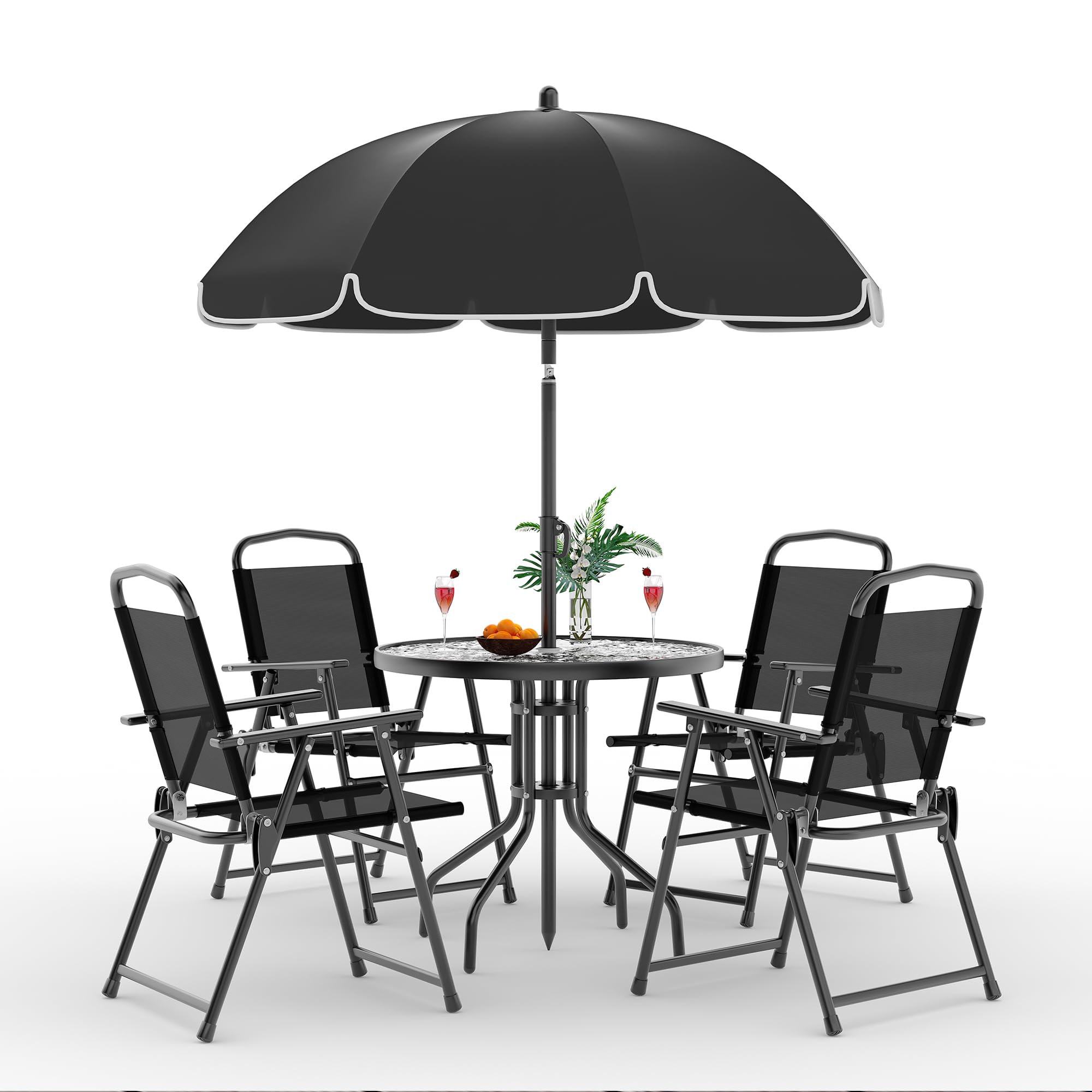 Garvee Patio Dining Set for 4 with Umbrella, Tempered Glass Table, Folding Chairs, Breathable Fabric, Steel Frame, Outdoor Garden Use