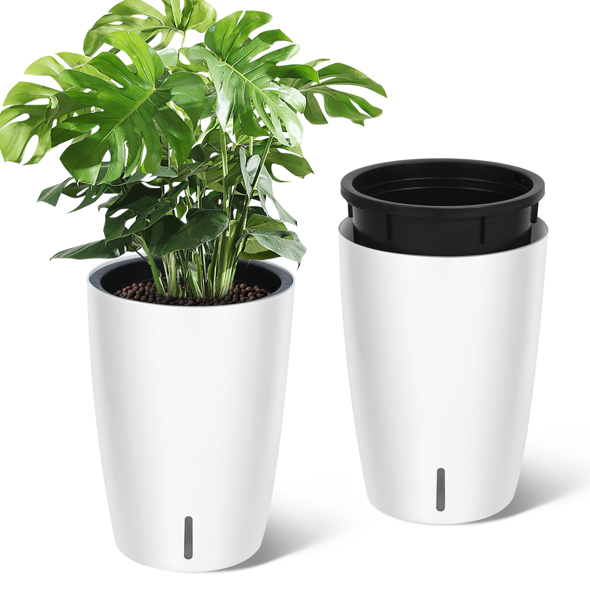 Garvee 16" Tall Planters Set of 2 Self-Watering with Drainage Visual Water Level Durable Plastic Indoor Outdoor Patio