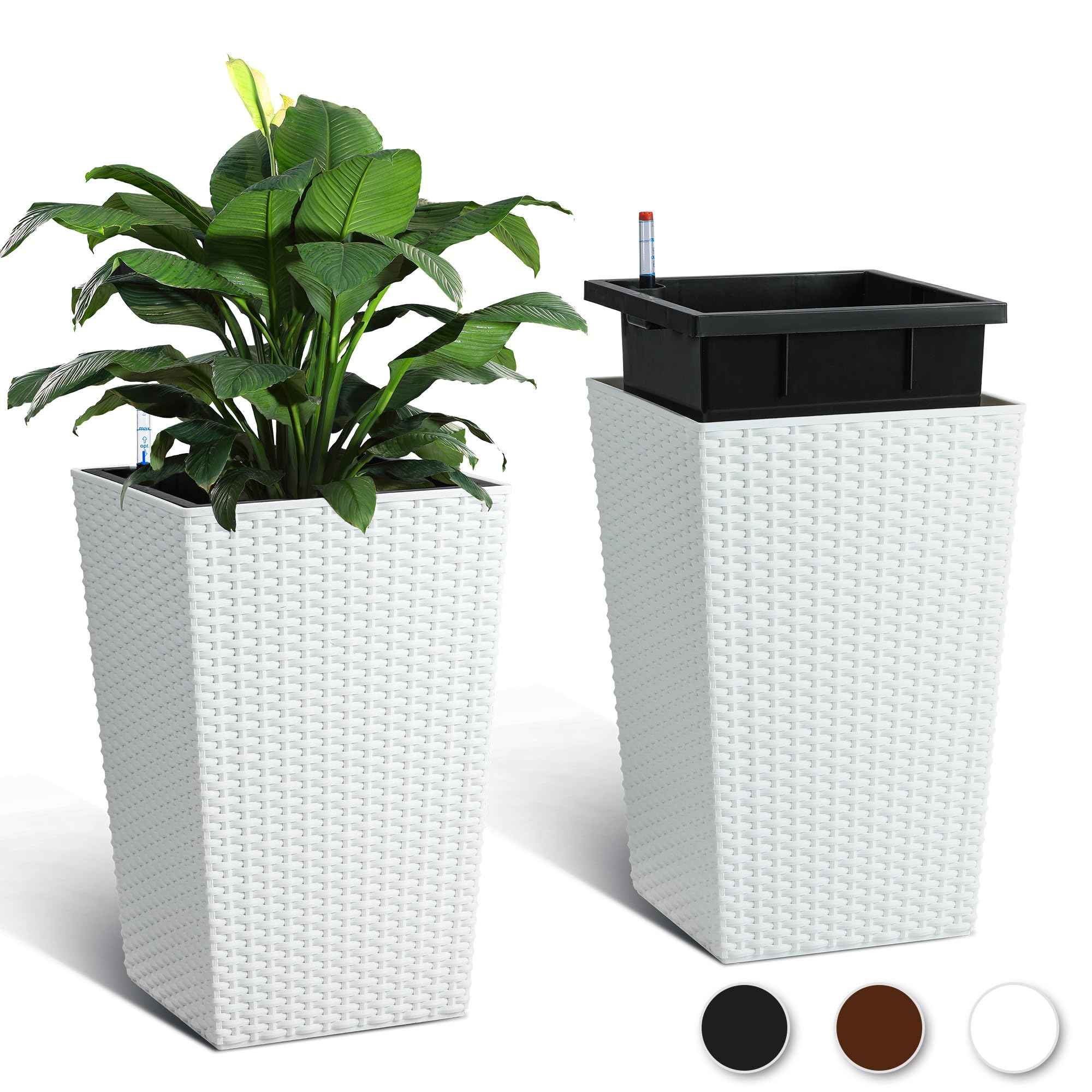 Garvee 16 Inch Tall Rattan Planter Set of 2 with Water Level Monitor & Wheels, Durable Weather-Resistant Plastic, Self-Watering, White, for Patio & In