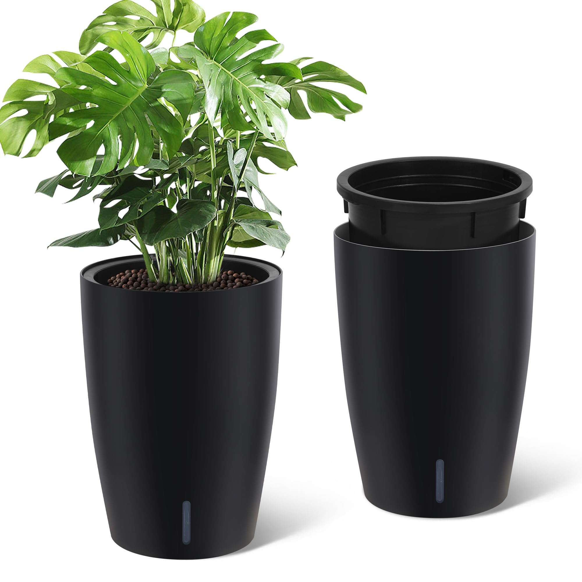 Garvee 16" Tall Planters Set of 2 Self-Watering Pots with Drainage Visual Water Level Durable Plastic Indoor Outdoor Patio