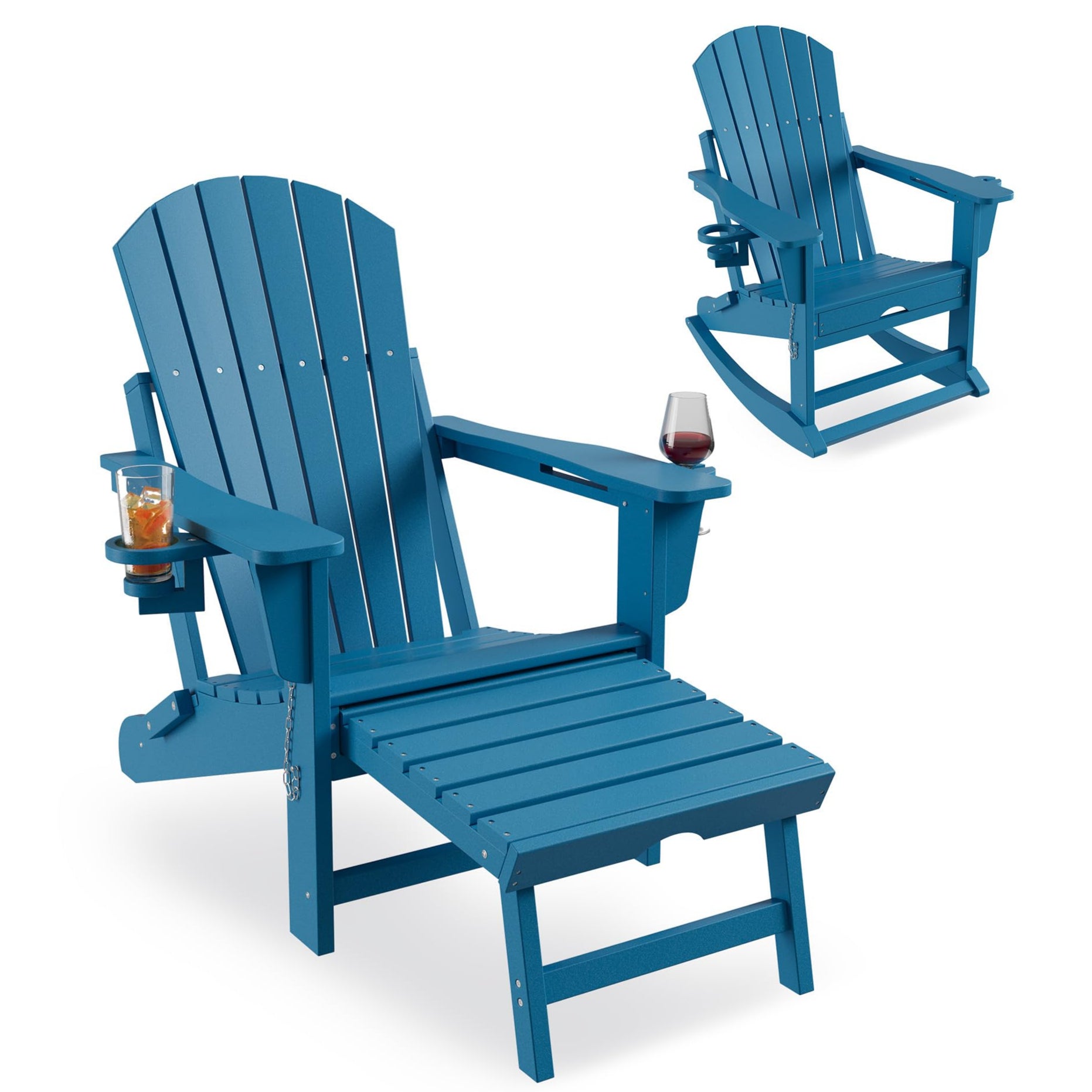 Garvee 4-in-1 Adirondack Outdoor Rocking Chair with Retractable Ottoman – Folding HDPE, Cup Holders, Heavy-Duty, for Porch & Patio