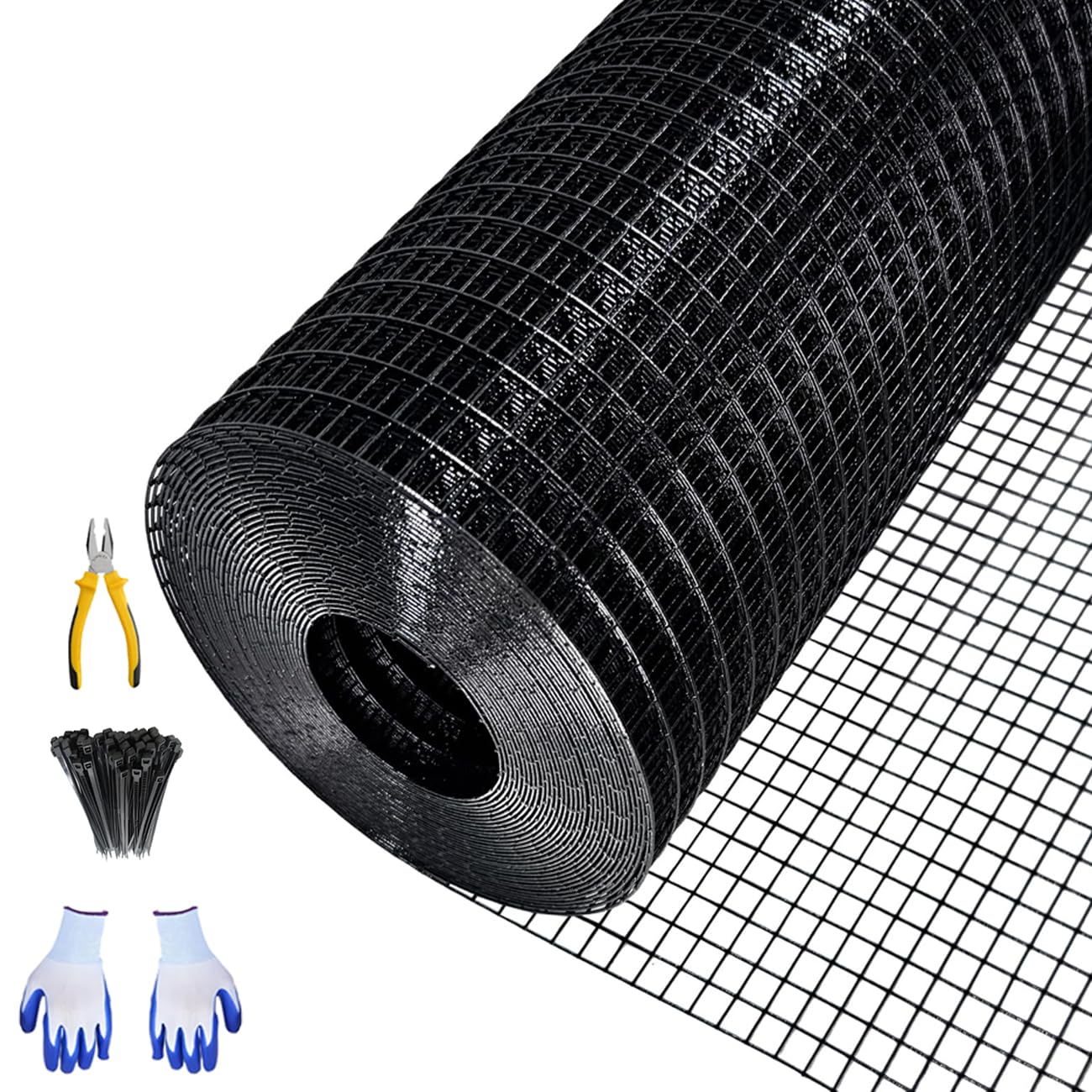 Garvee 48"x100' 19-Gauge Black Vinyl-Coated Wire Mesh - Welded Hardware Cloth w-Gloves & Plier 1-2" Galvanized for Gardens-Coops