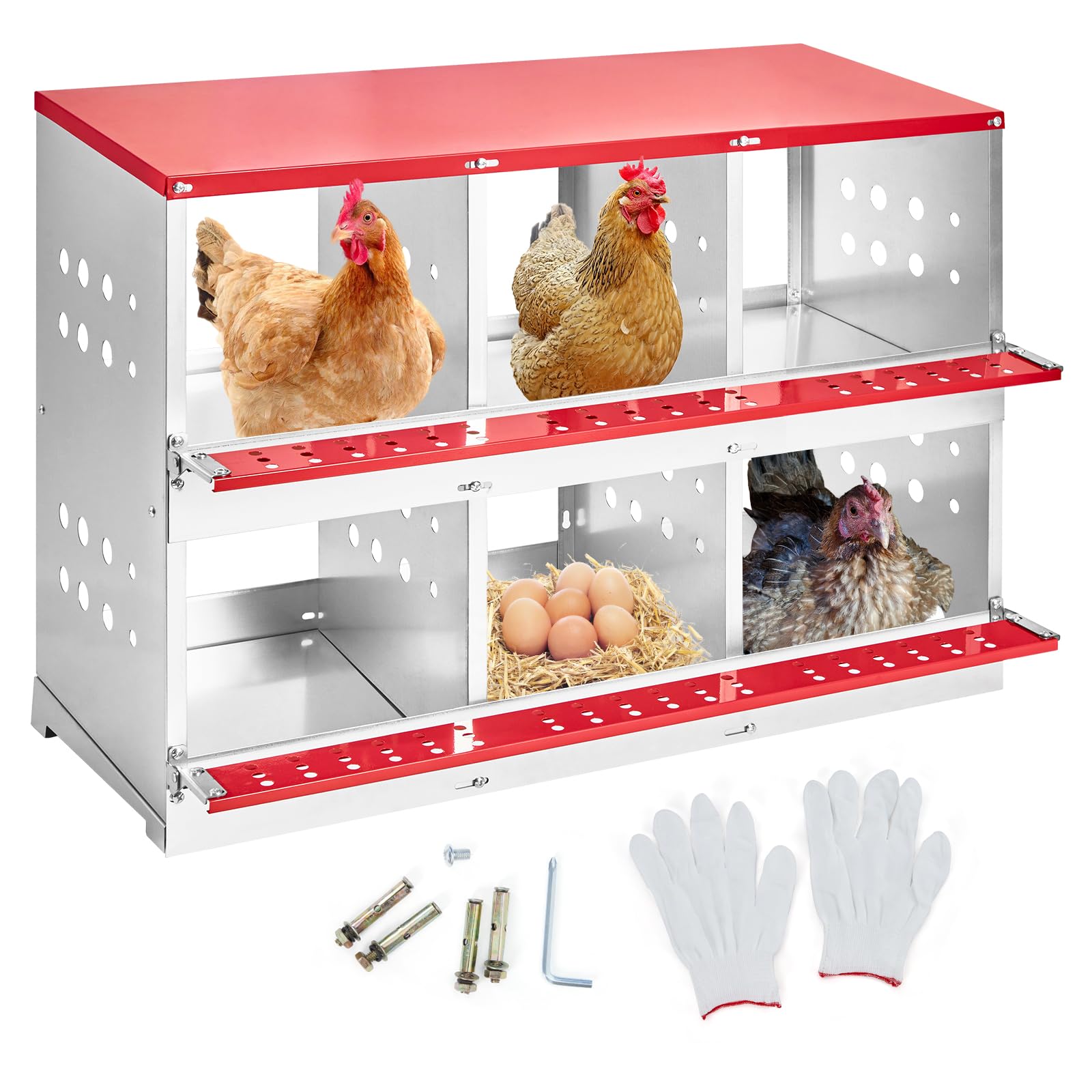 GARVEE 6-Compartment Galvanized Steel Nesting Box - Metal w-Vented Holes, Swing Perch & Removable Dividers for Chicken Coops