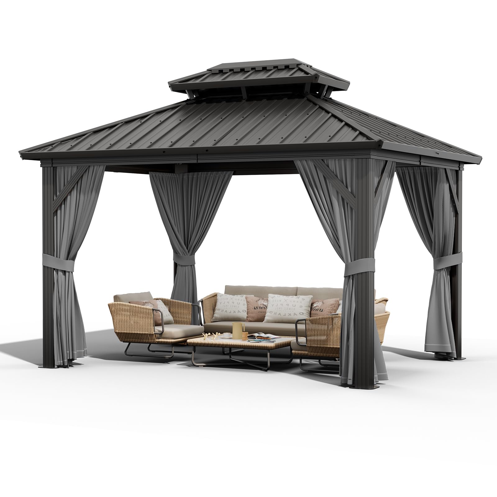 Garvee 10x12ft Hardtop Gazebo Outdoor Patio Pavilion Double Roof Aluminum Frame Waterproof Curtains Netting Backyard Deck Poolside